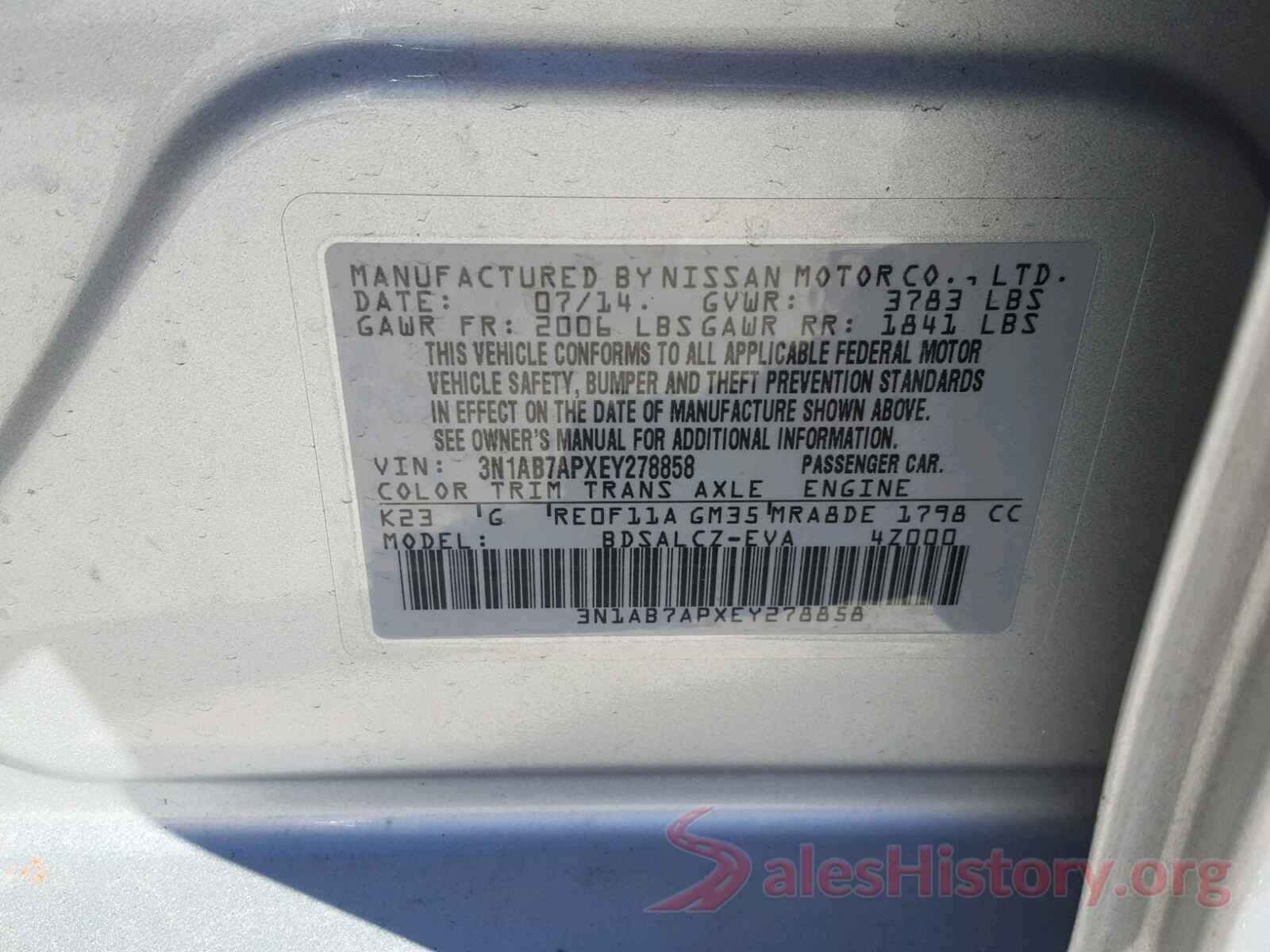 3N1AB7APXEY278858 2014 NISSAN SENTRA