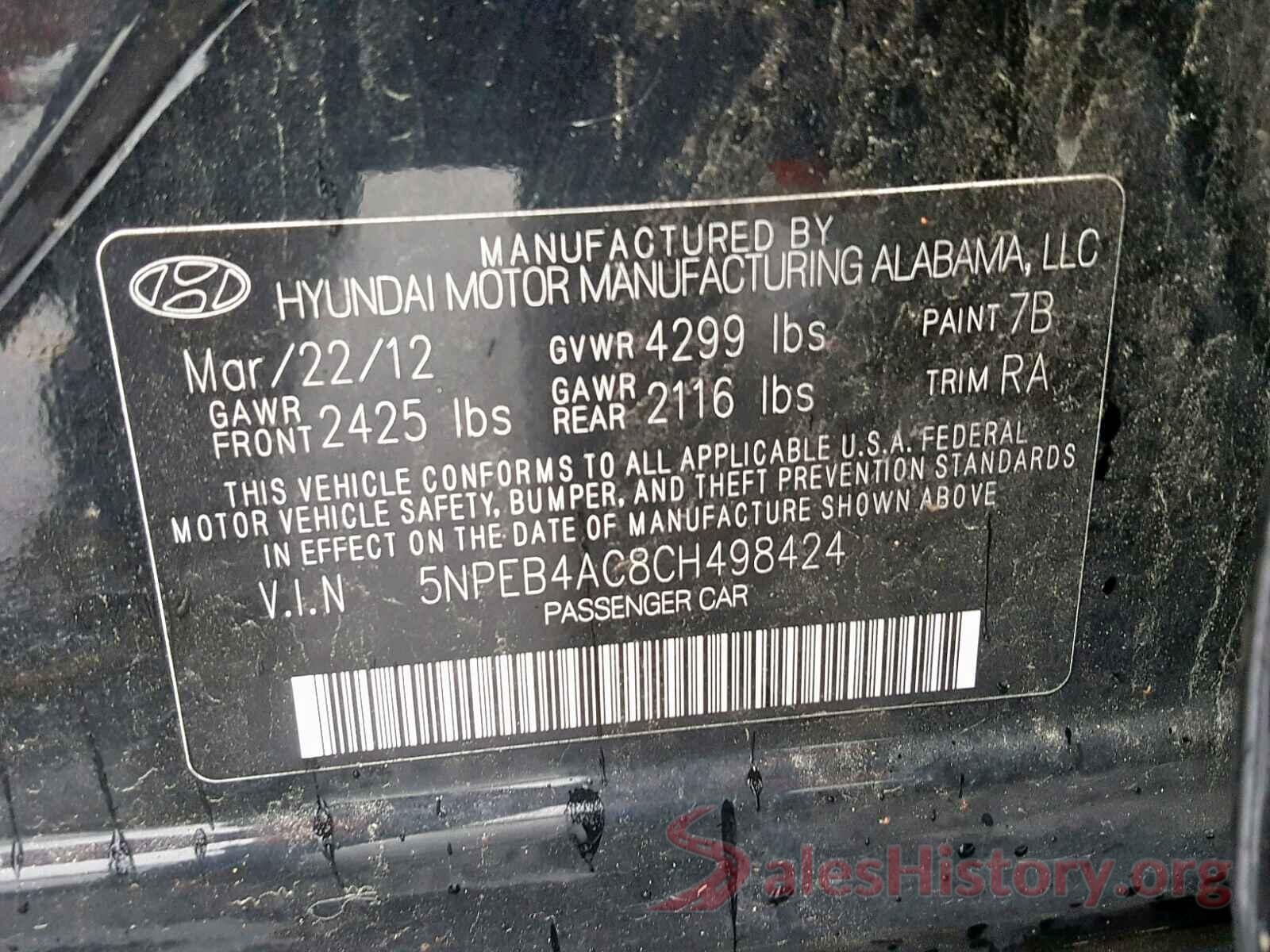 5NPEB4AC8CH498424 2012 HYUNDAI SONATA