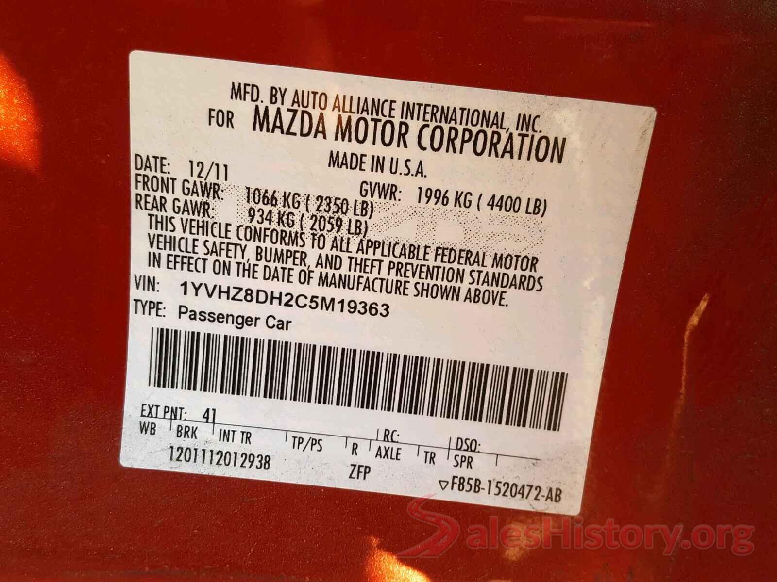 1YVHZ8DH2C5M19363 2012 MAZDA 6