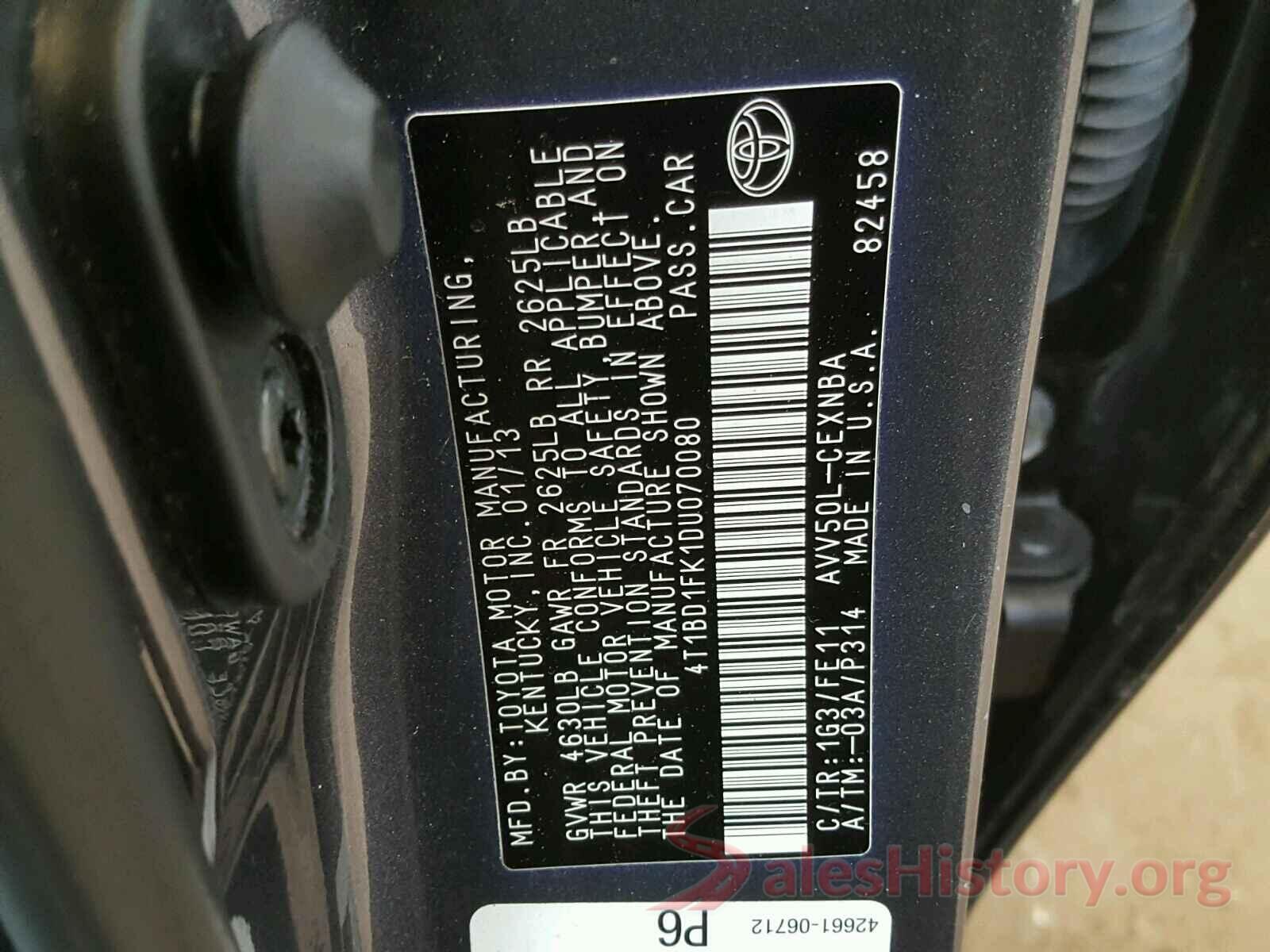 4T1BD1FK1DU070080 2013 TOYOTA CAMRY