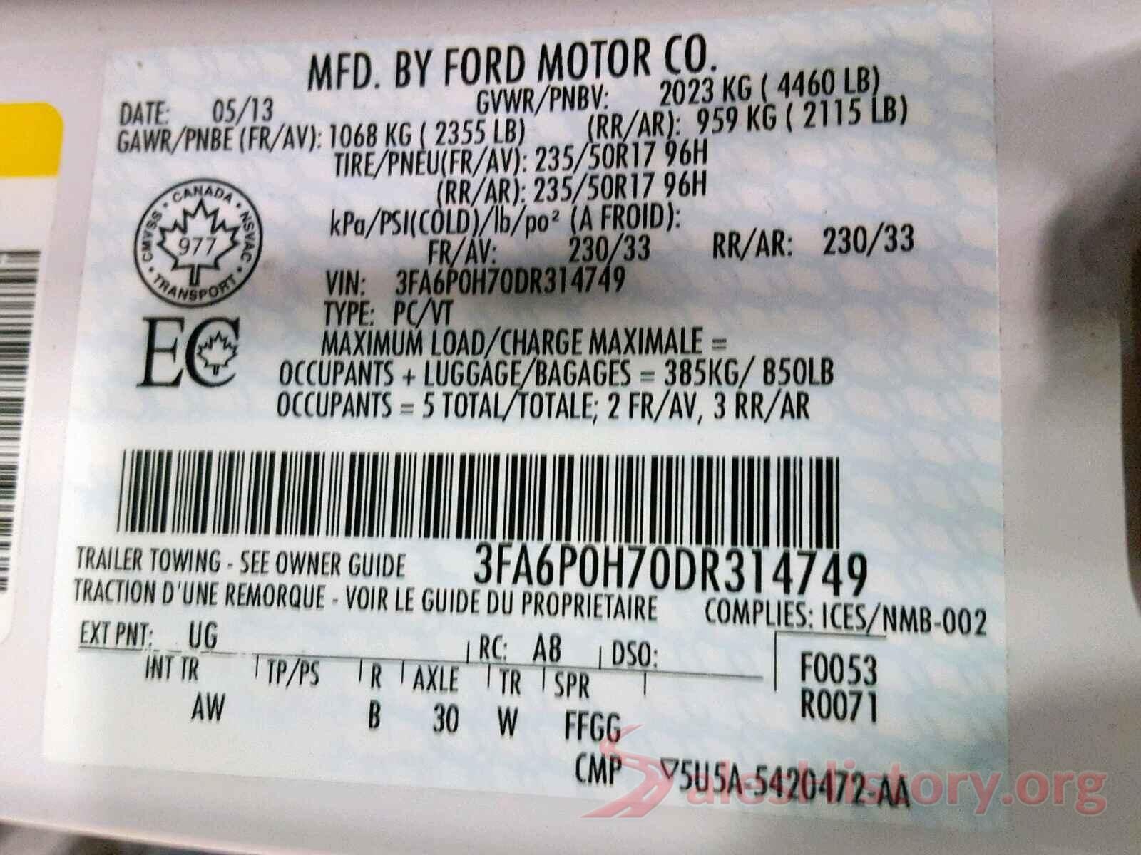 3FA6P0H70DR314749 2013 FORD FUSION SE