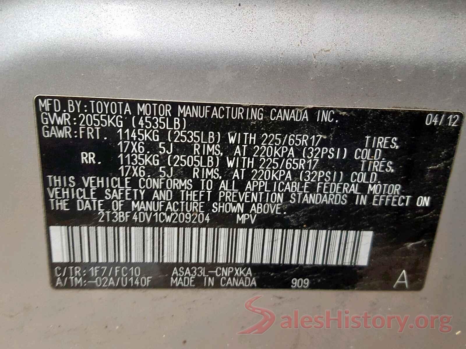 2T3BF4DV1CW209204 2012 TOYOTA RAV4