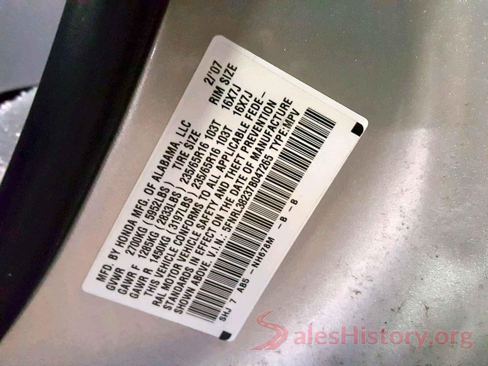 5FNRL38237B047265 2007 HONDA ODYSSEY LX