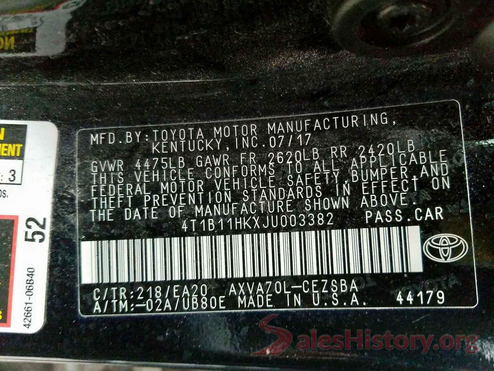 4T1B11HKXJU003382 2018 TOYOTA CAMRY