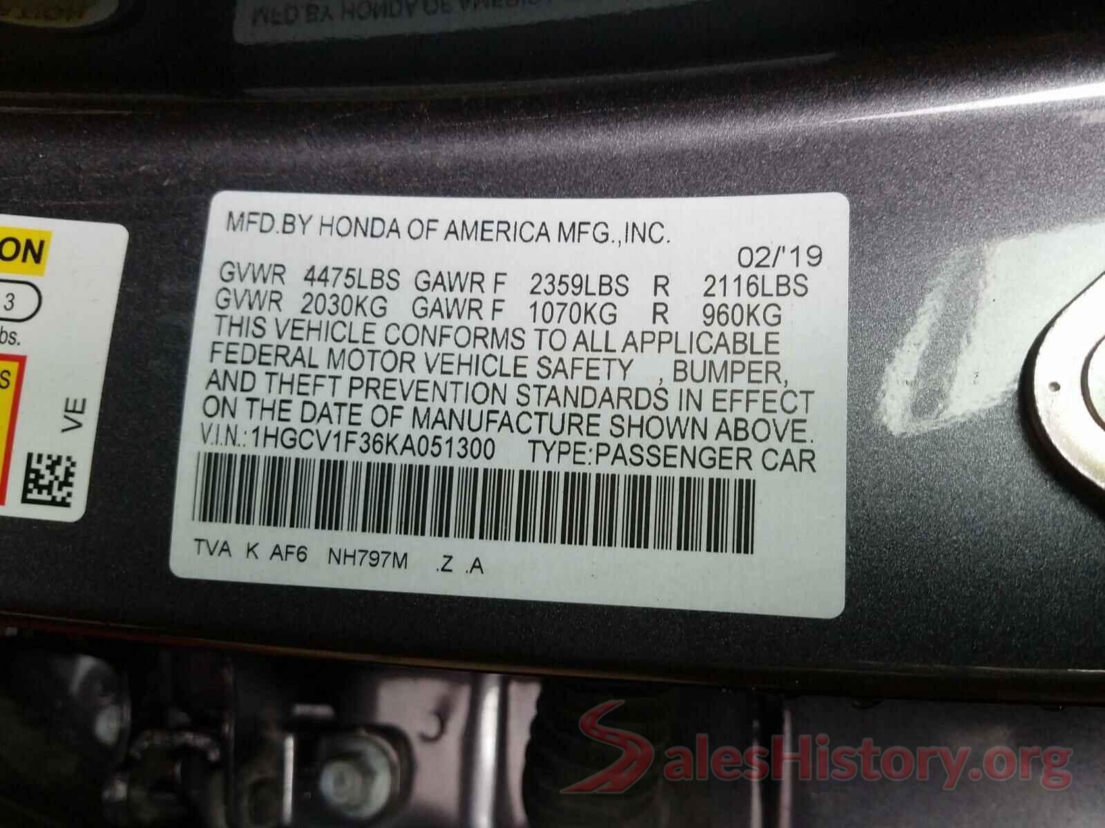 1HGCV1F36KA051300 2019 HONDA ACCORD