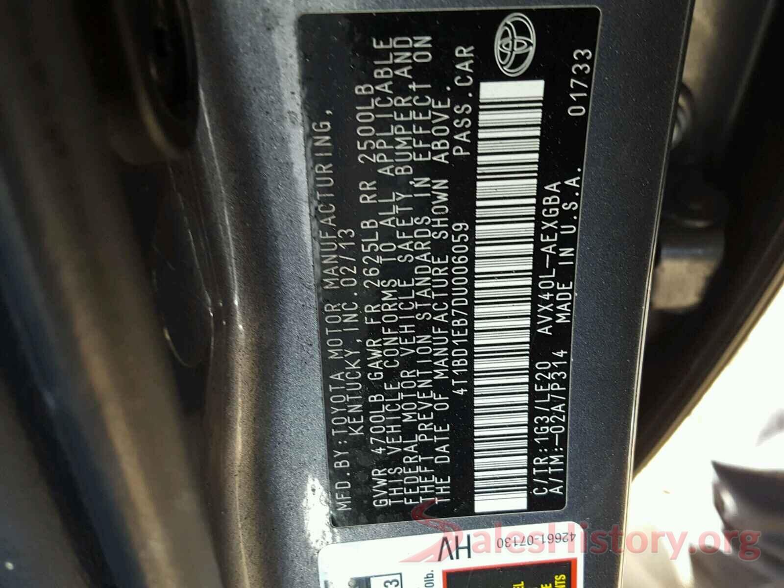 4T1BD1EB7DU006059 2013 TOYOTA AVALON