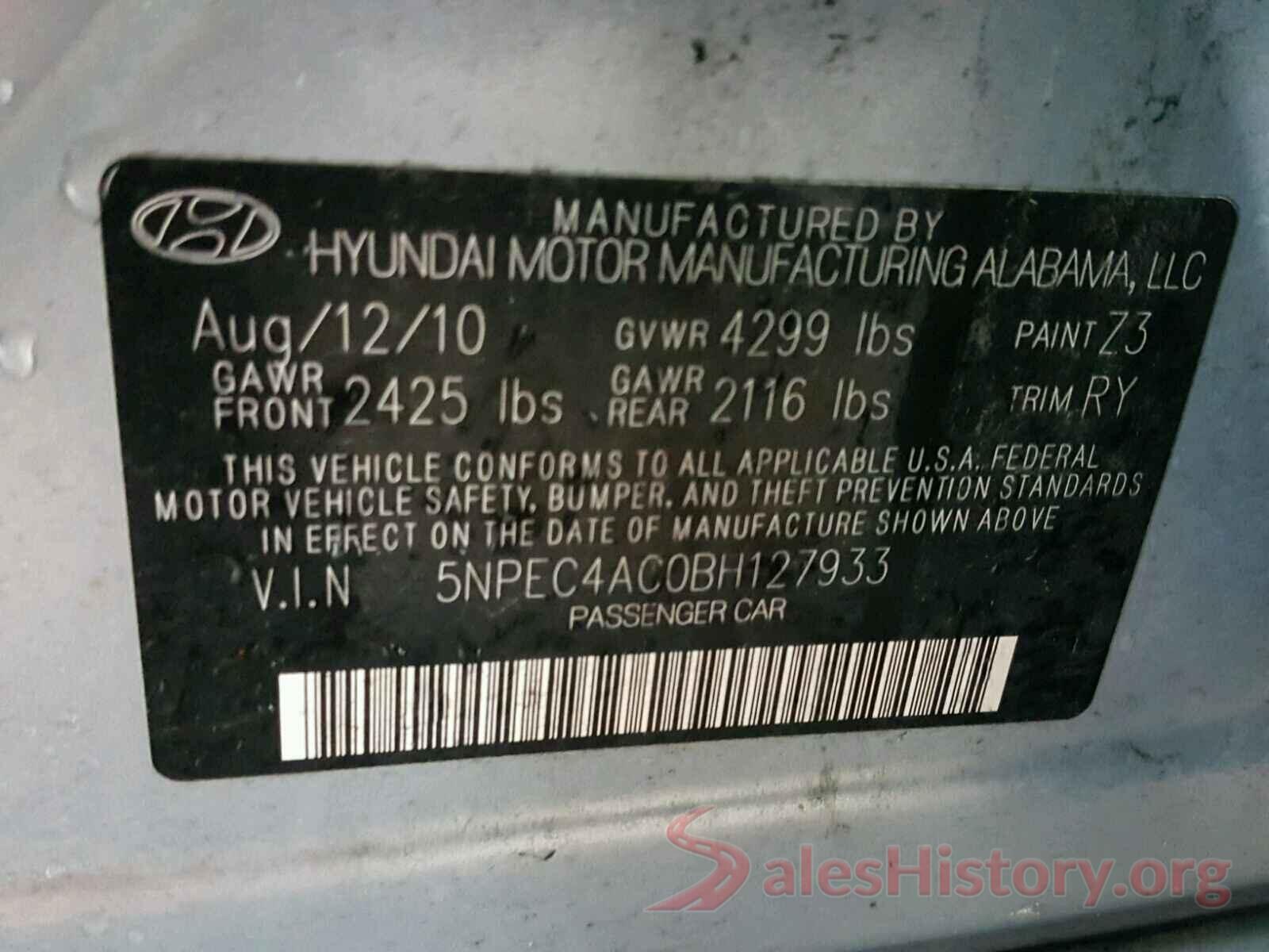 5NPEC4AC0BH127933 2011 HYUNDAI SONATA