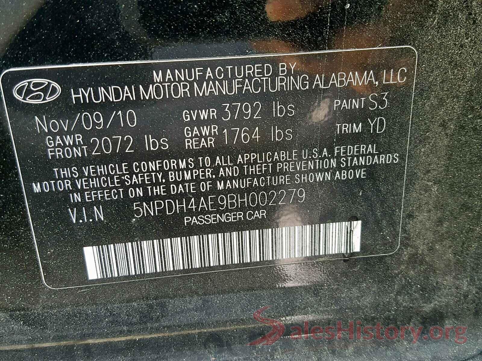 5NPDH4AE9BH002279 2011 HYUNDAI ELANTRA