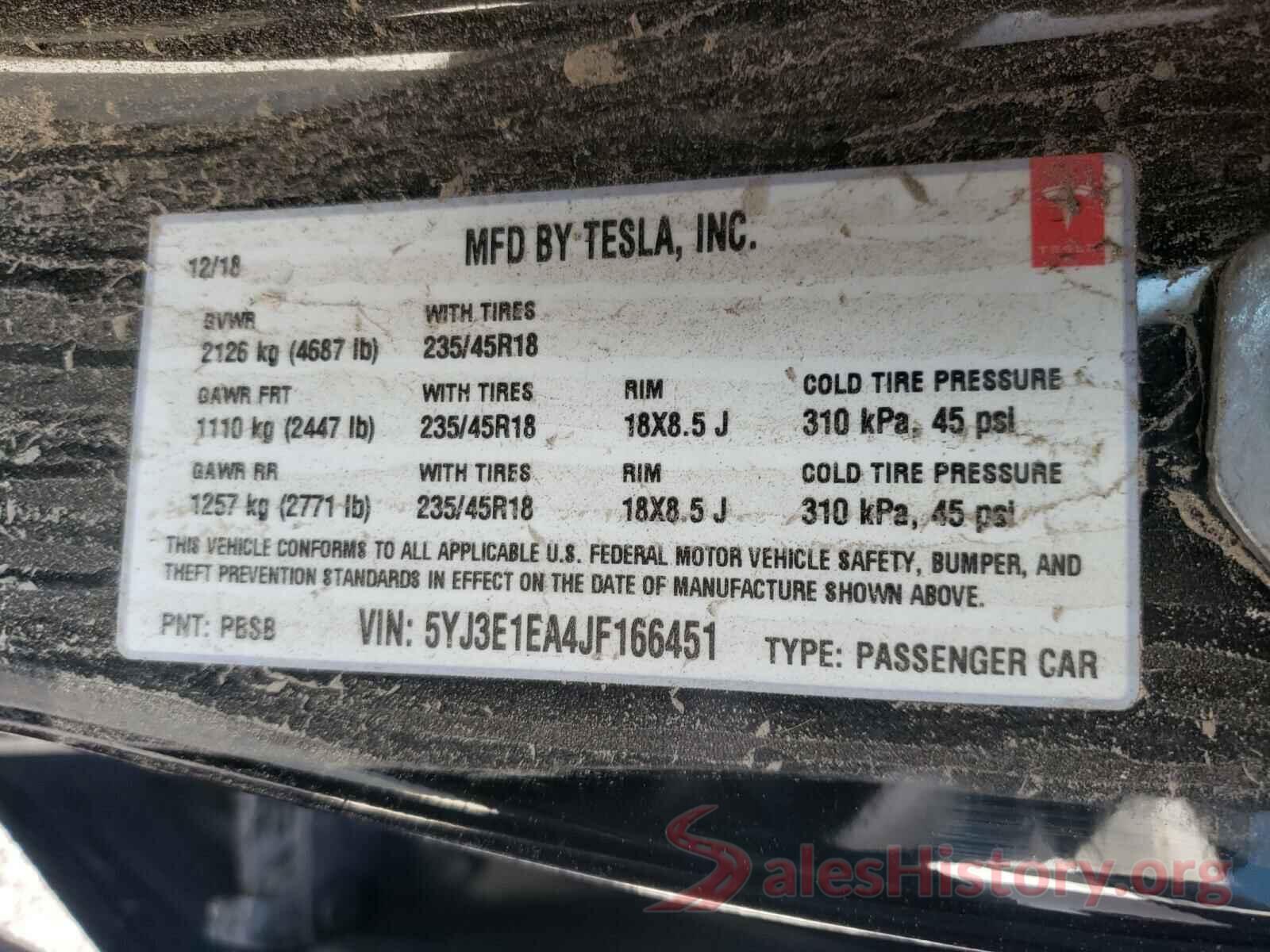 5YJ3E1EA4JF166451 2018 TESLA MODEL 3