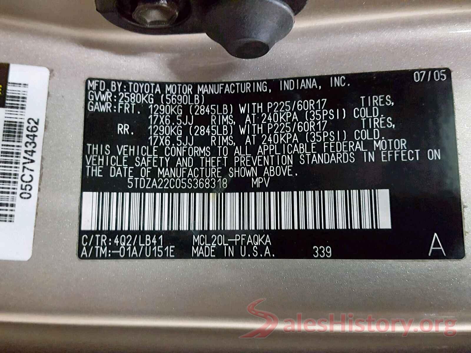 5TDZA22C05S368318 2005 TOYOTA SIENNA XLE