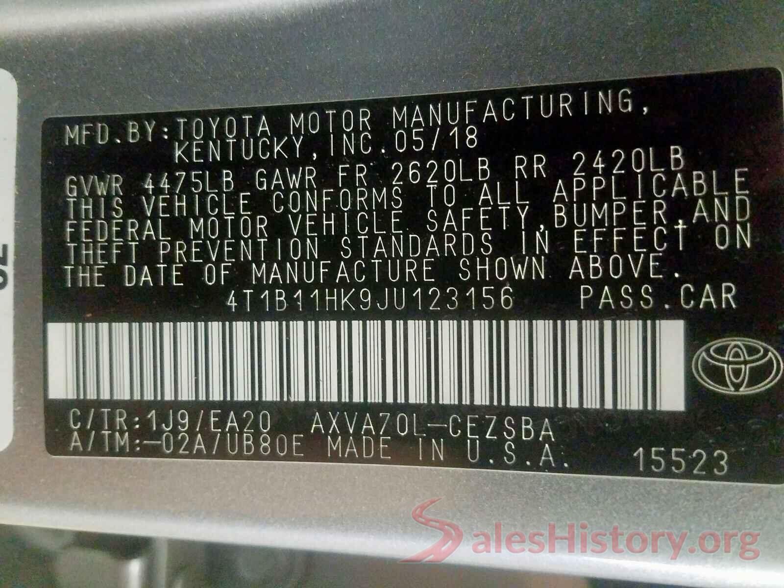 4T1B11HK9JU123156 2018 TOYOTA CAMRY