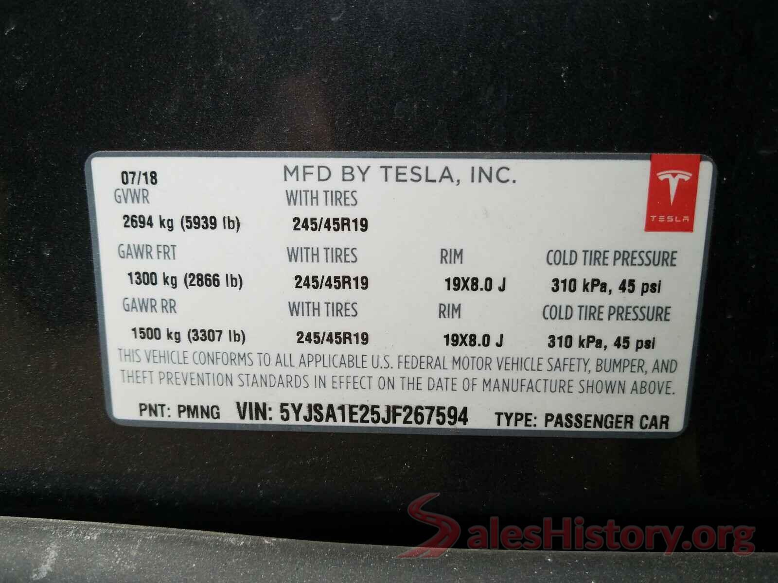 5YJSA1E25JF267594 2018 TESLA MODEL S