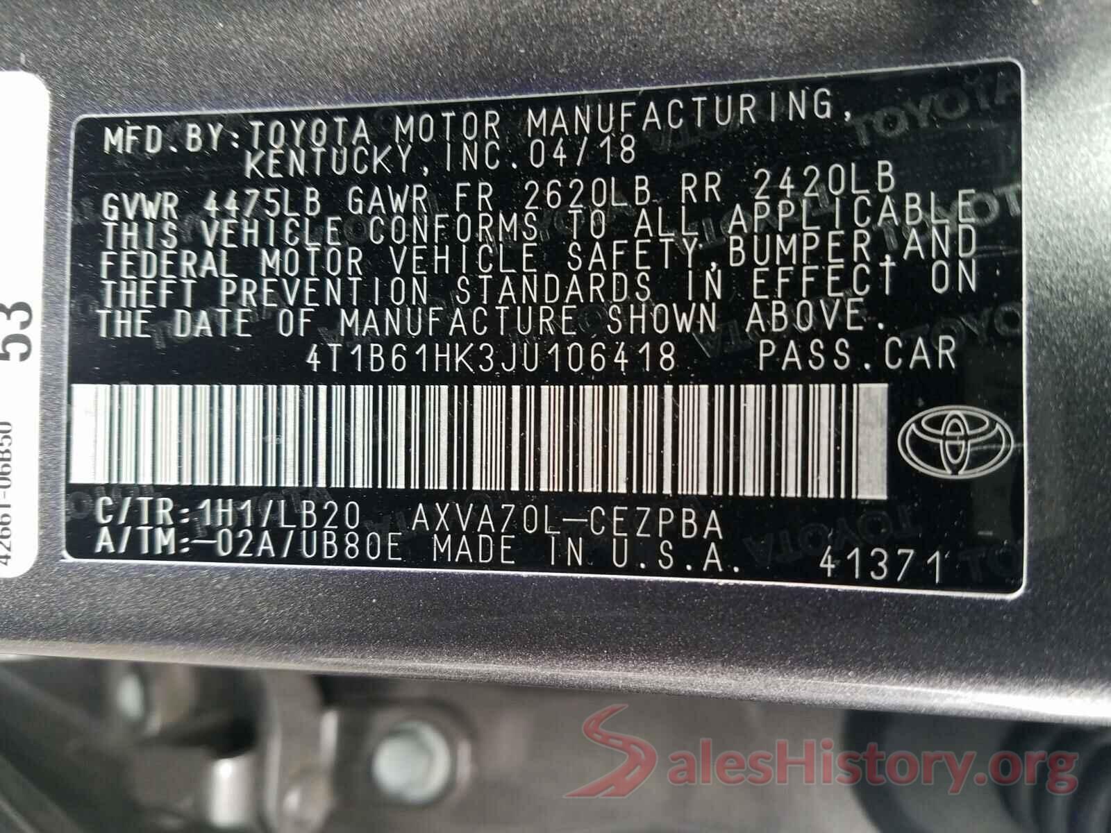 4T1B61HK3JU106418 2018 TOYOTA CAMRY