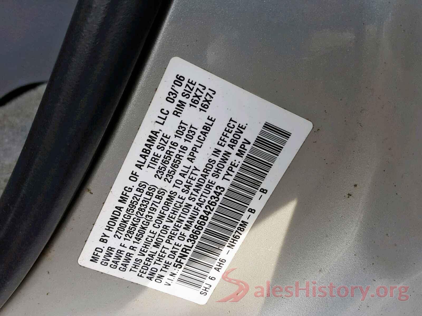 5FNRL38666B426343 2006 HONDA ODYSSEY EX