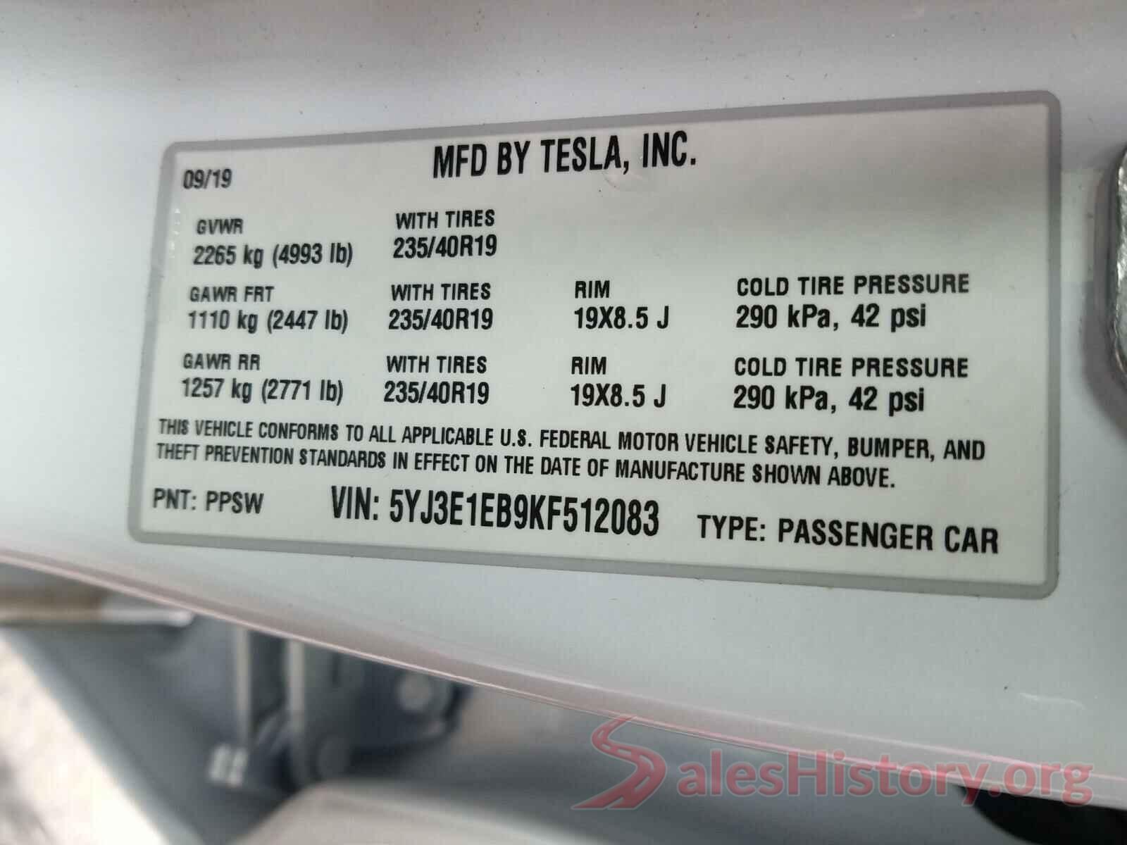 5YJ3E1EB9KF512083 2019 TESLA MODEL 3