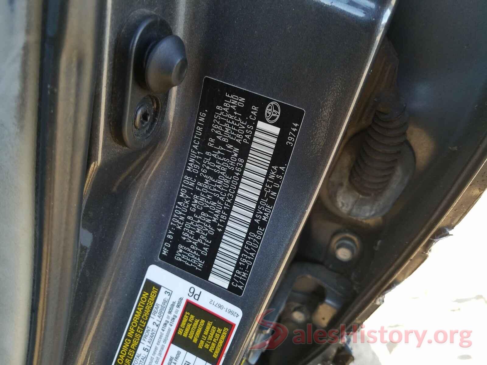 4T1BF1FK3CU004638 2012 TOYOTA CAMRY BASE