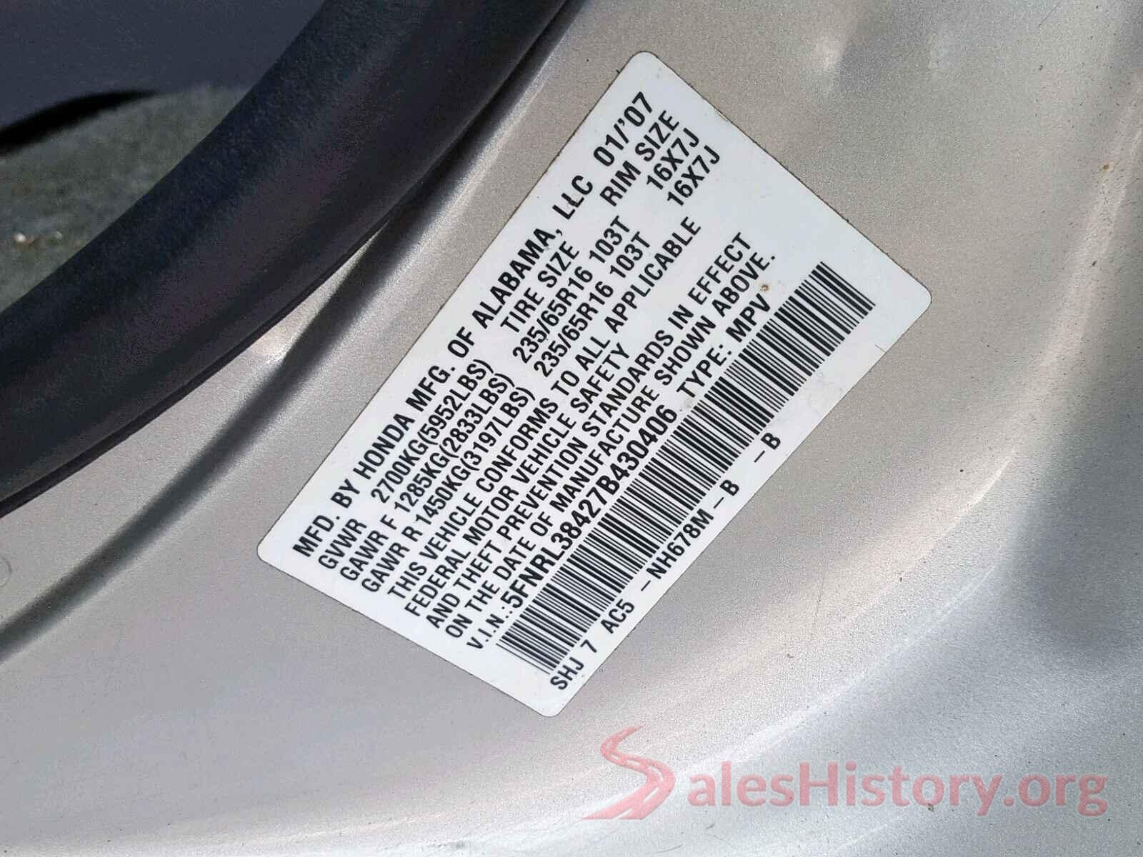 5FNRL38427B430406 2007 HONDA ODYSSEY EX