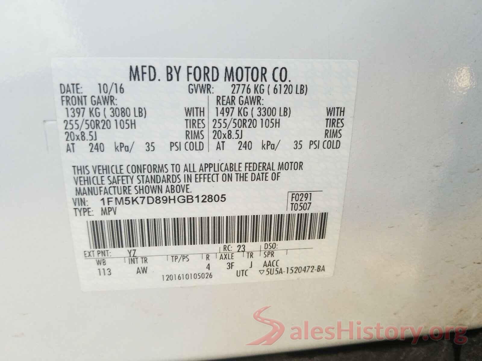 1FM5K7D89HGB12805 2017 FORD EXPLORER