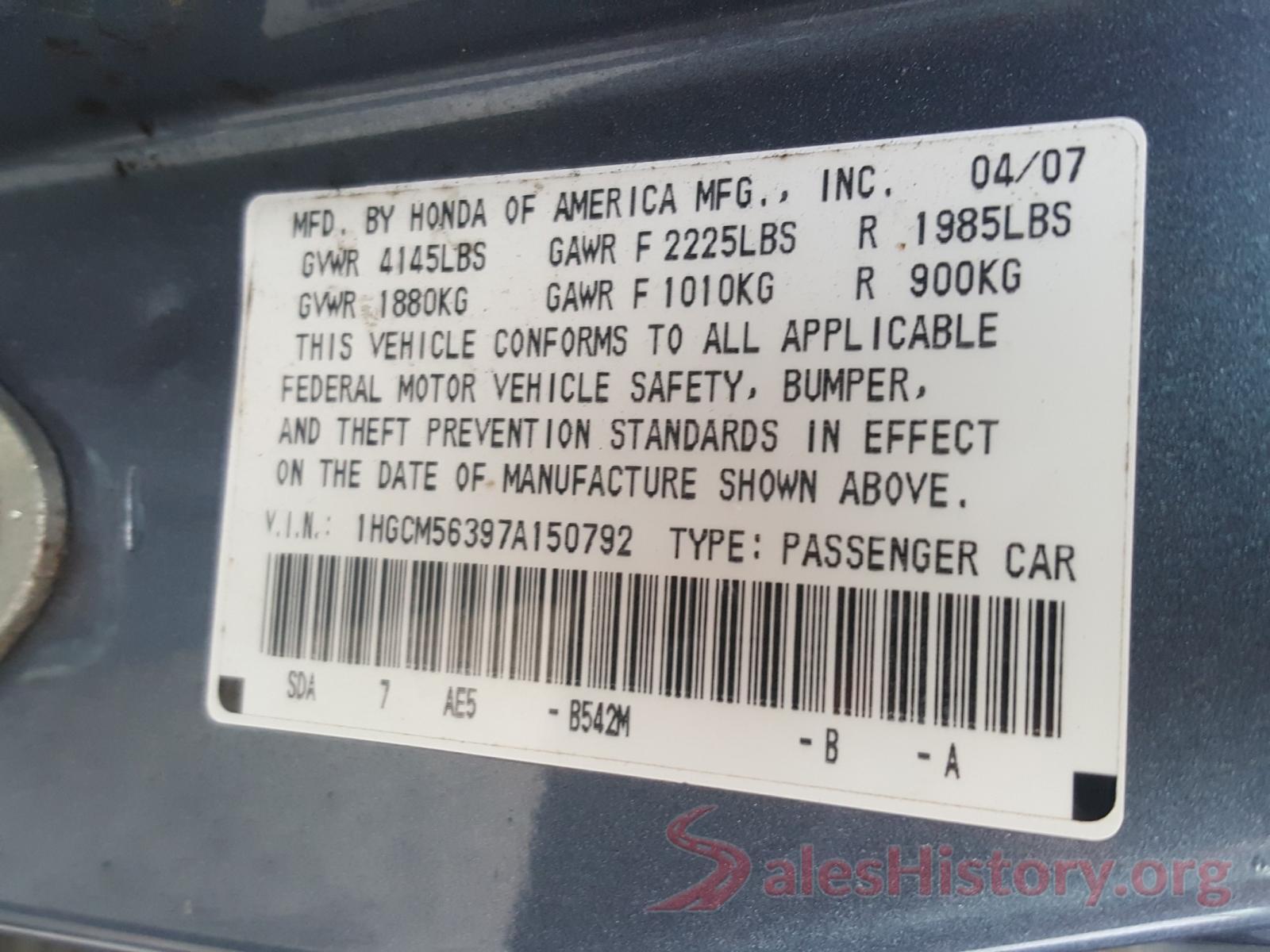 KNDJP3A52K7691859 2007 HONDA ACCORD