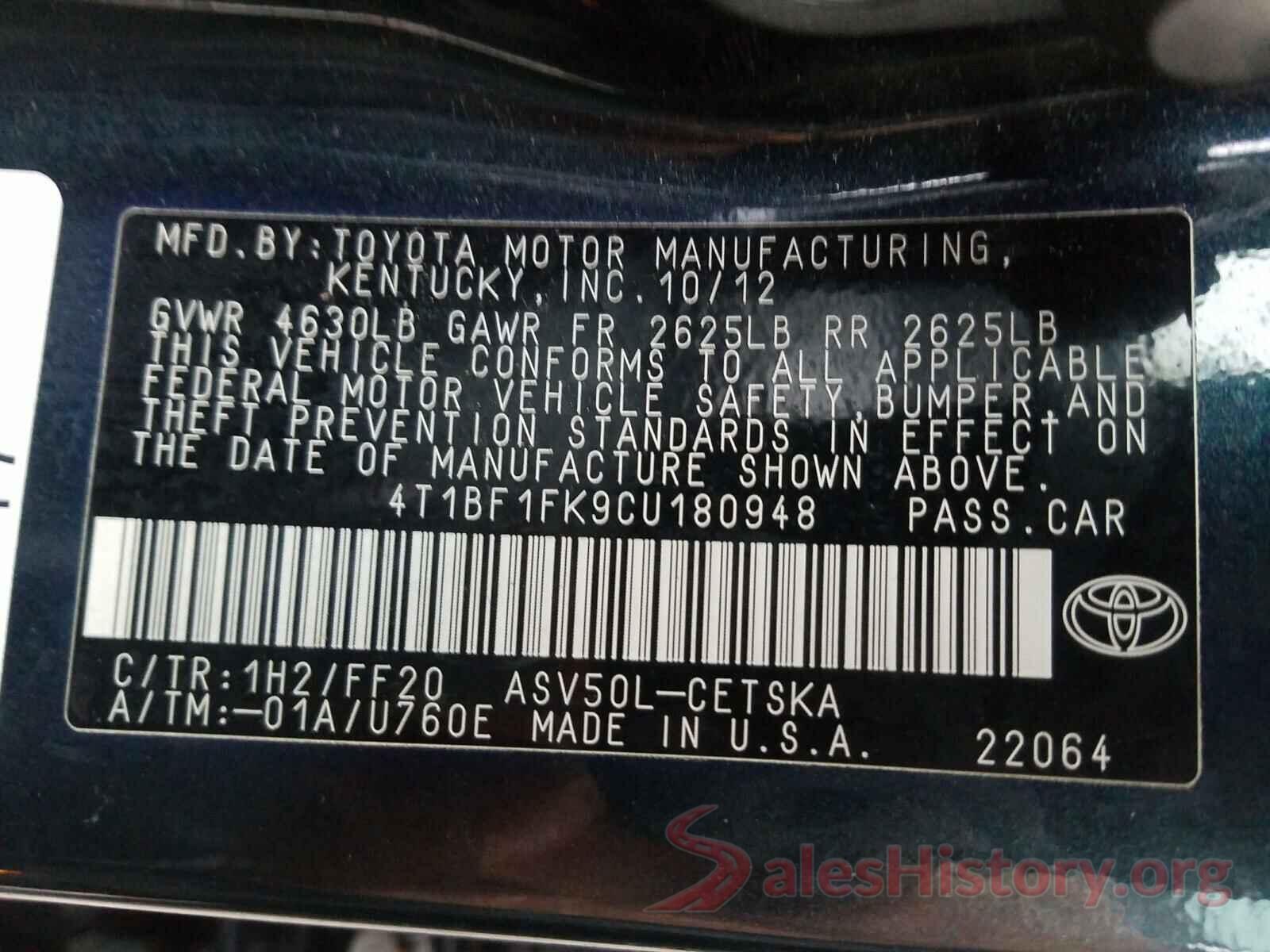 4T1BF1FK9CU180948 2012 TOYOTA CAMRY