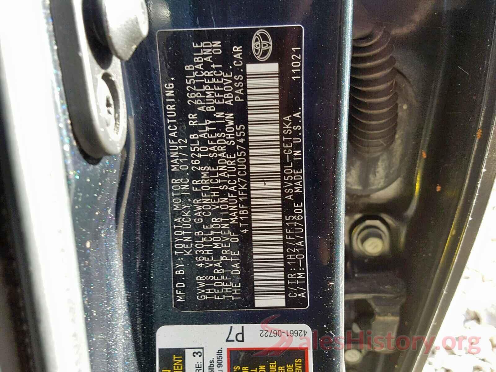 4T1BF1FK7CU057455 2012 TOYOTA CAMRY BASE