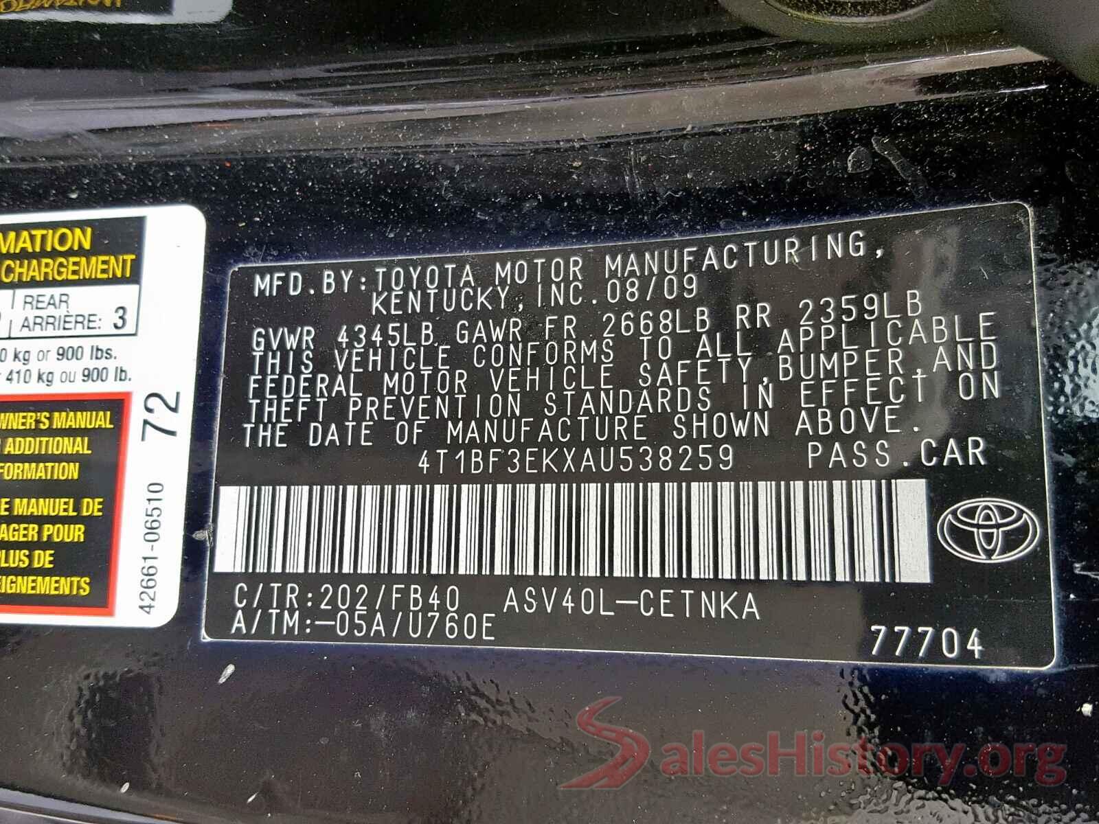 4T1BF3EKXAU538259 2010 TOYOTA CAMRY BASE