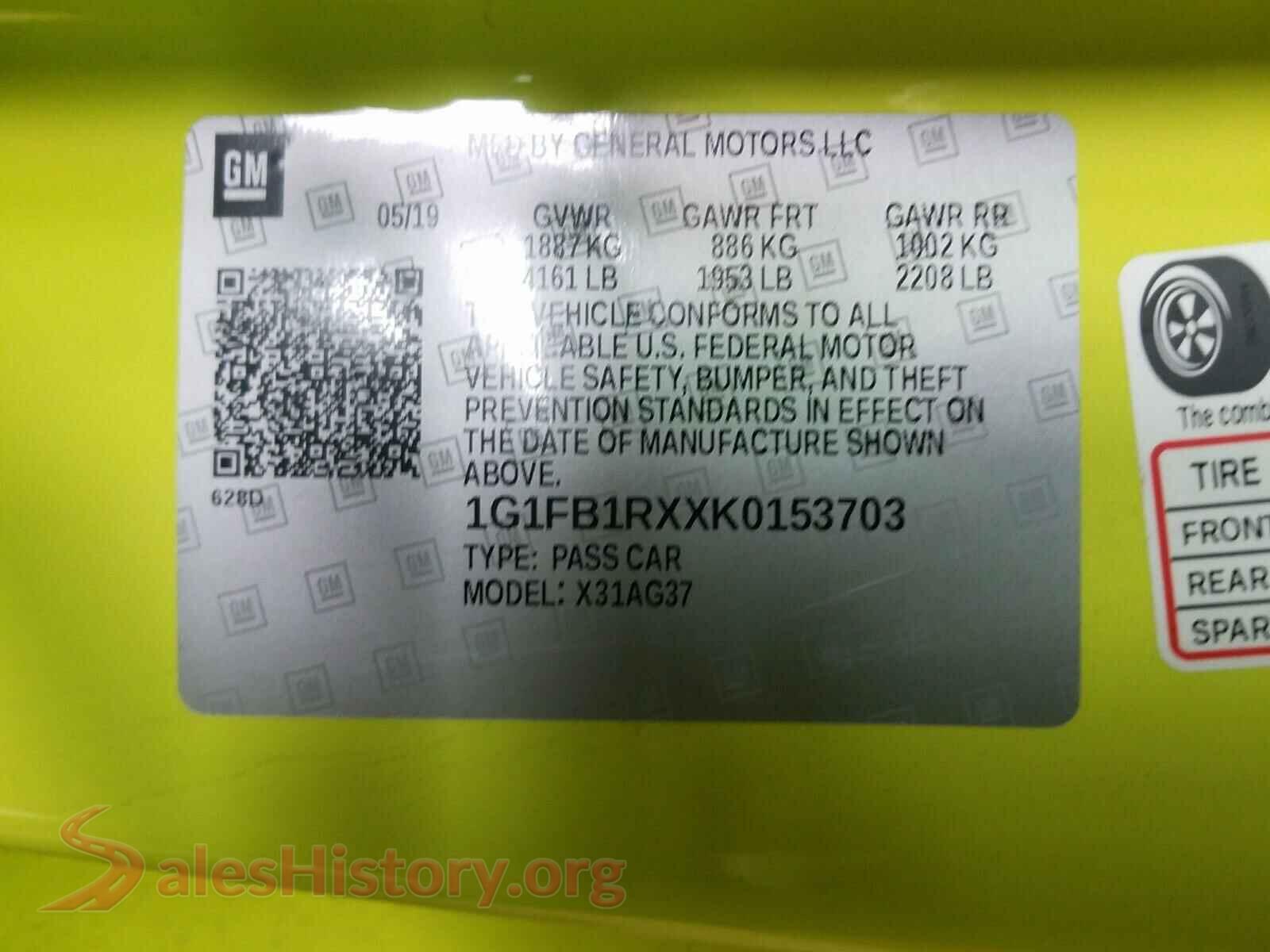 2019 CHEVROLET CAMARO VIN 1G1FB1RXXK0153703, odometer mileage