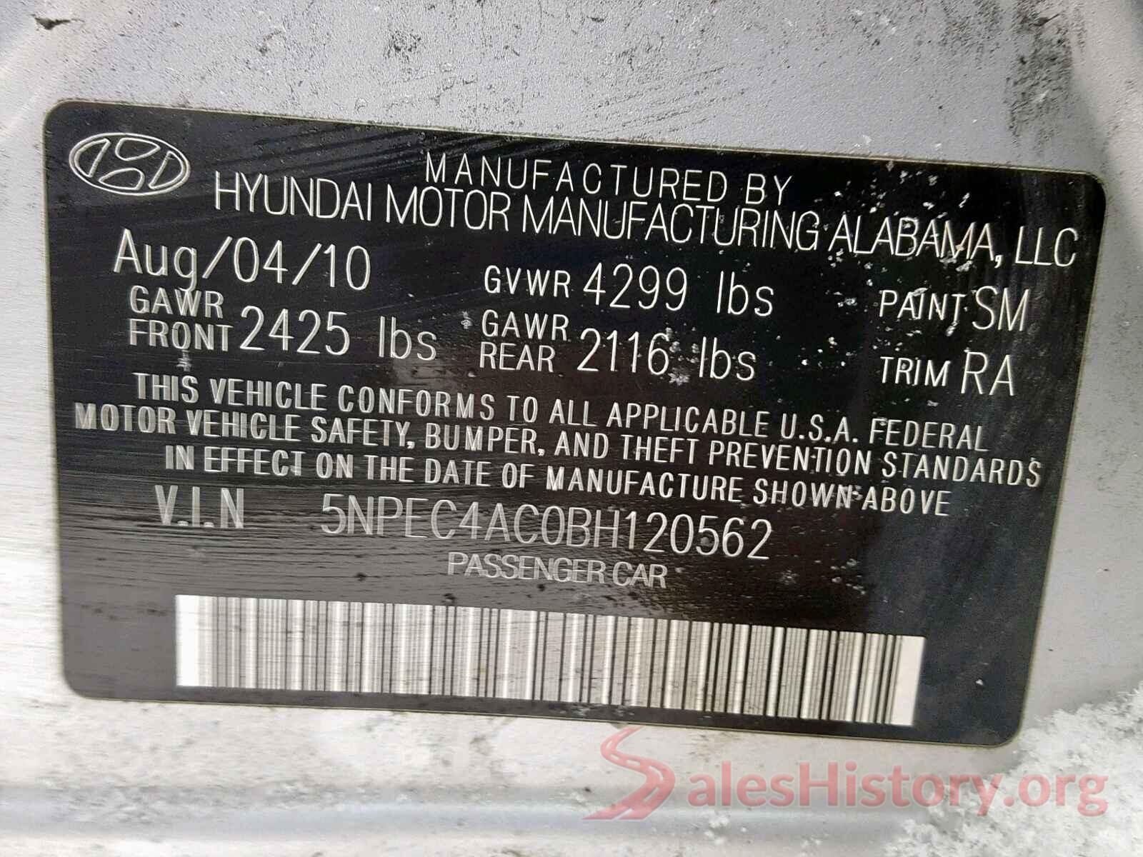 5NPEC4AC0BH120562 2011 HYUNDAI SONATA