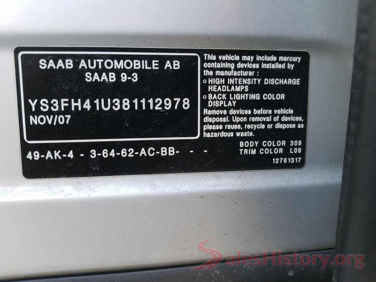 4T1BF1FK0GU527587 2008 SAAB 9 3