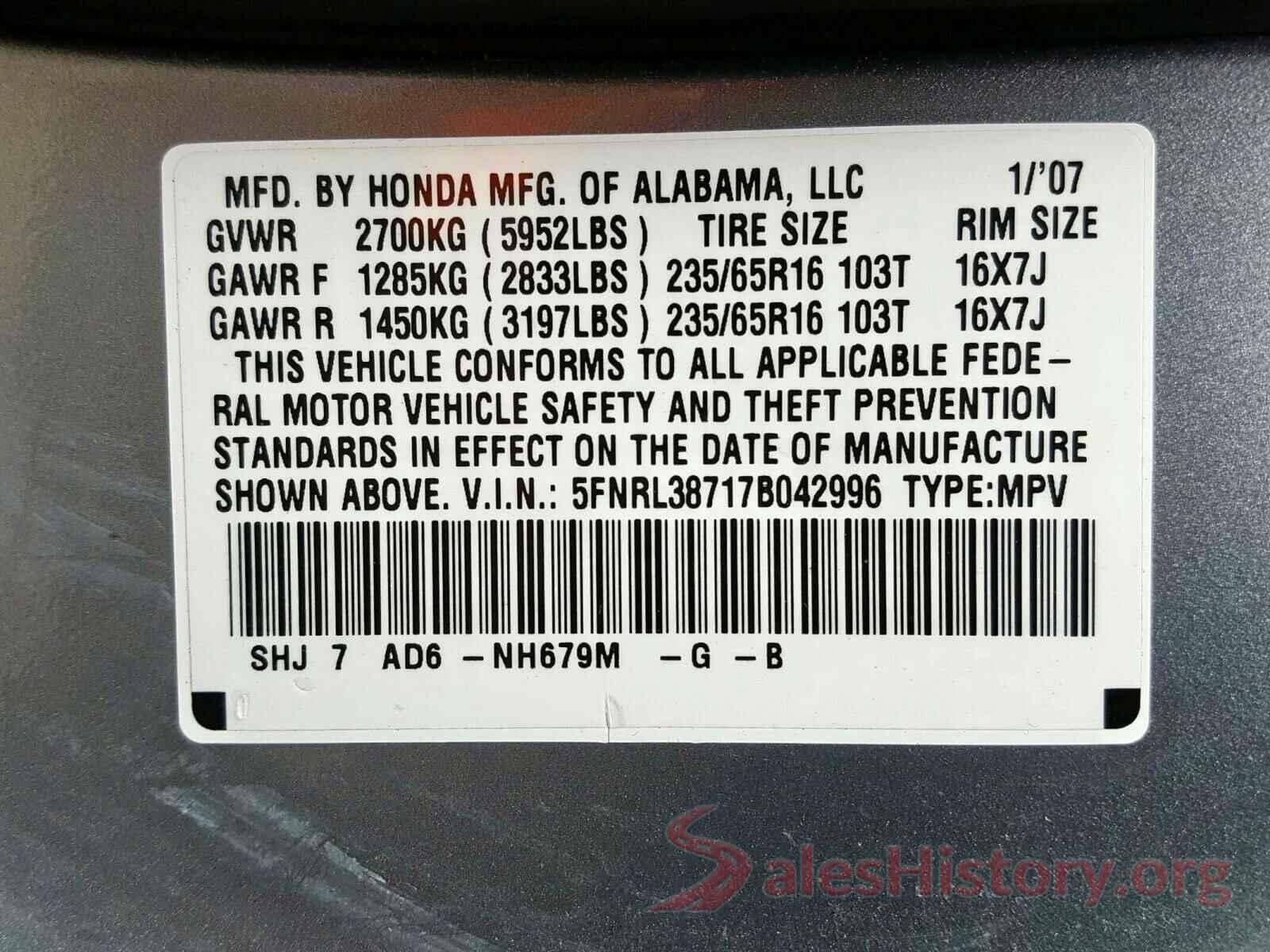 JTMBFREVXGD185158 2007 HONDA ODYSSEY EX