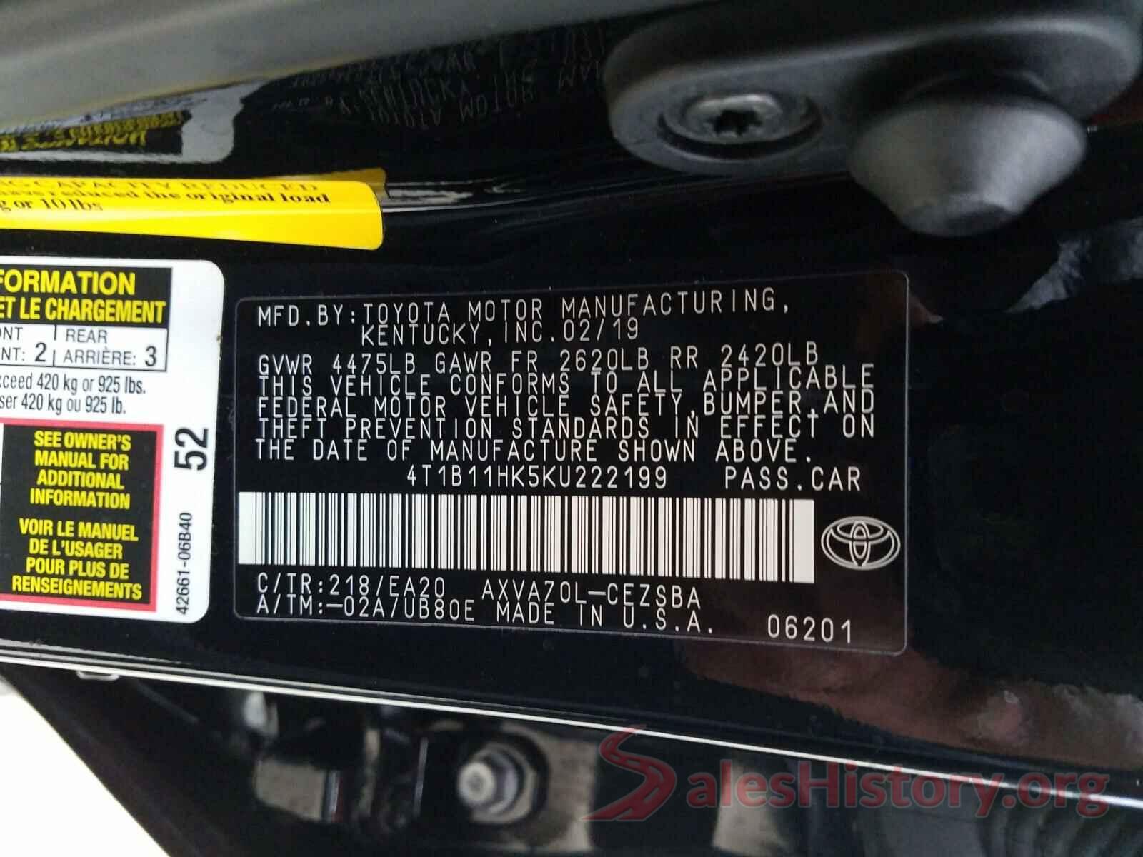 4T1B11HK5KU222199 2019 TOYOTA CAMRY