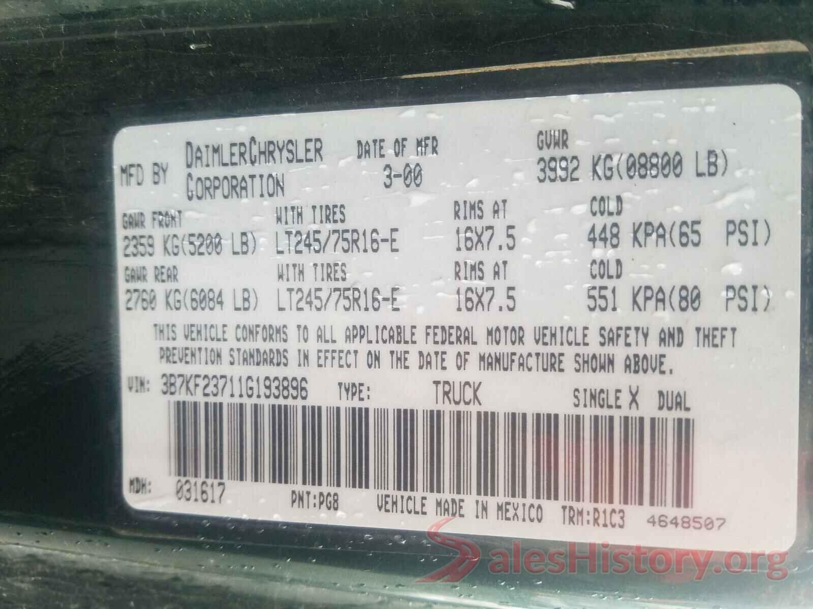 JA4AD2A39GZ039327 2001 DODGE RAM 2500