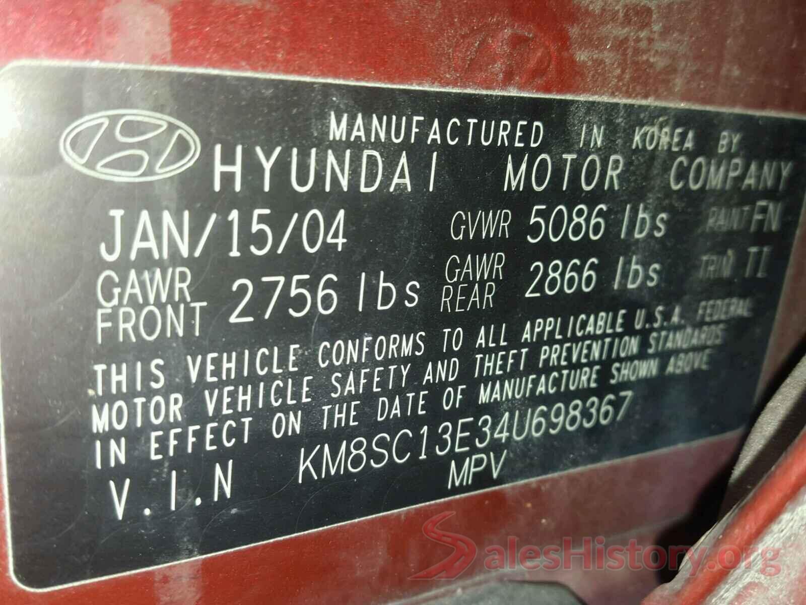 JM1BM1U76G1333768 2004 HYUNDAI SANTA FE