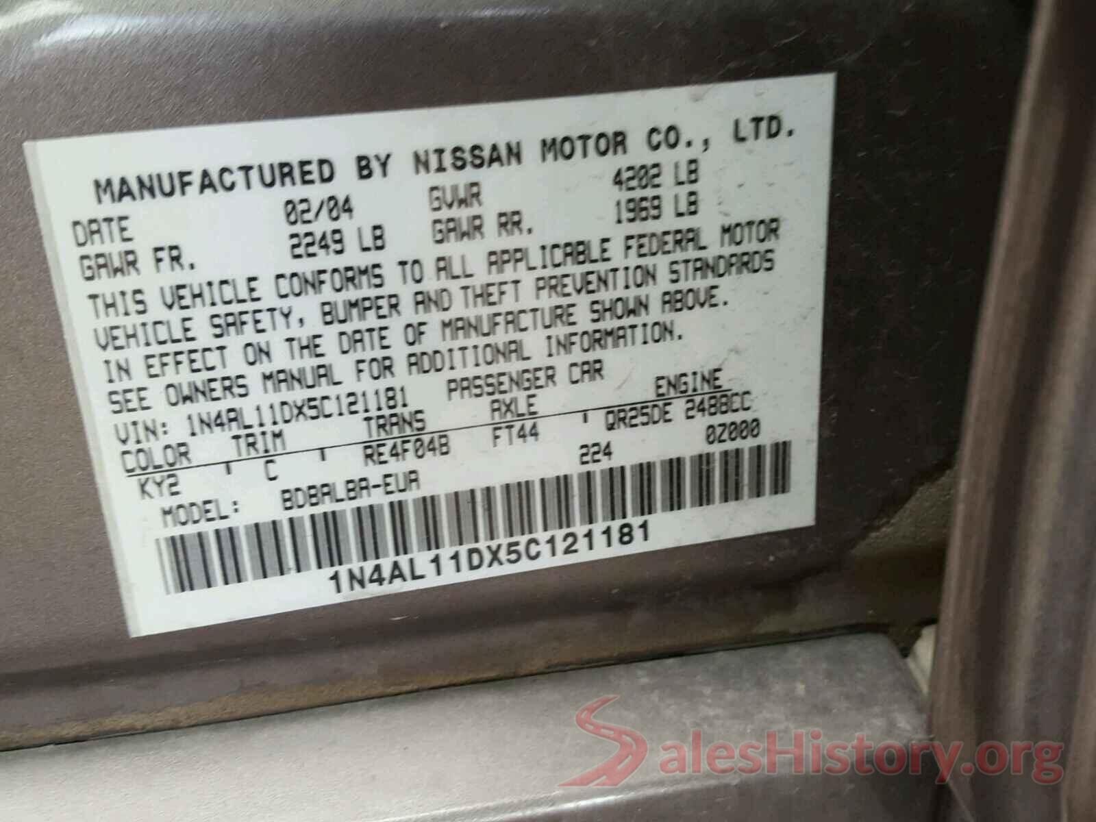 2T3F1RFV6LW093072 2005 NISSAN ALTIMA S