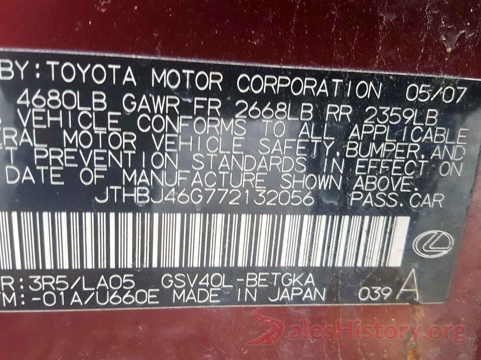 4T1B11HKXJU121674 2007 LEXUS ES350