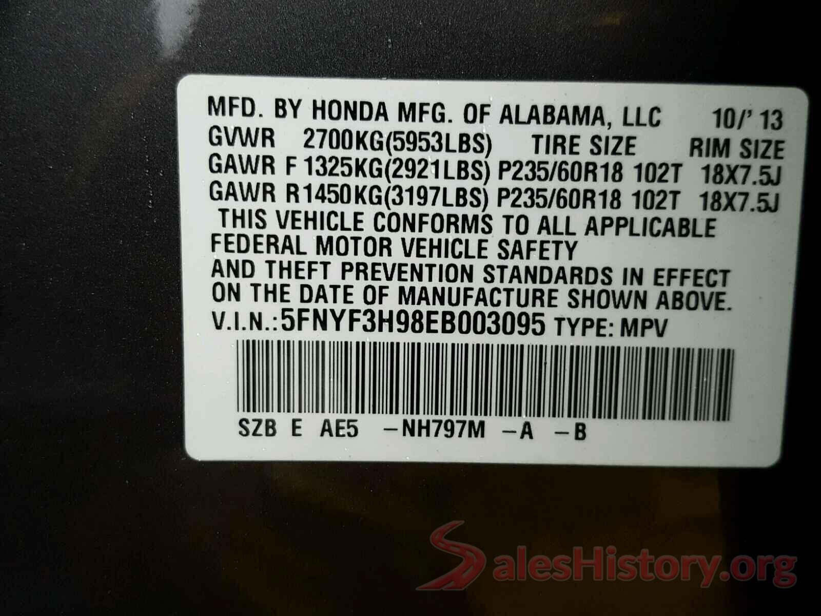 5YFBURHE5KP898539 2014 HONDA PILOT