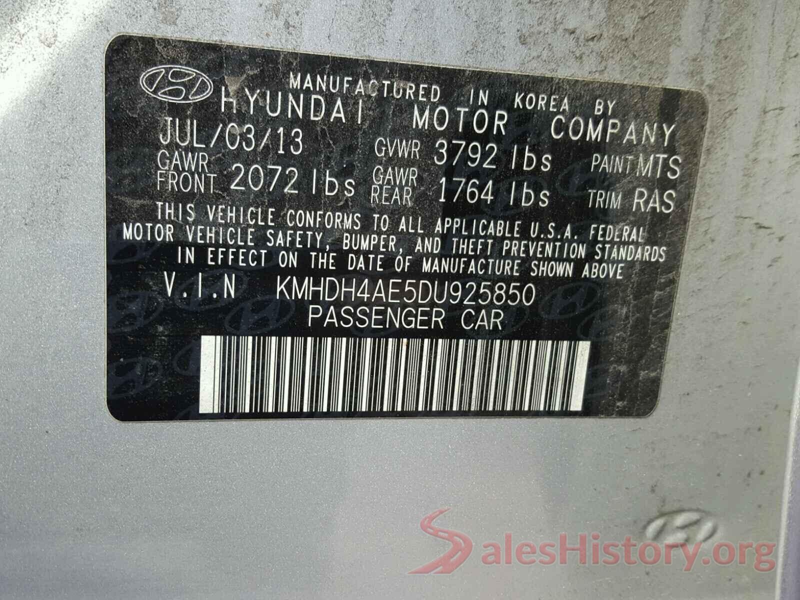 5NPDH4AE4GH706106 2013 HYUNDAI ELANTRA