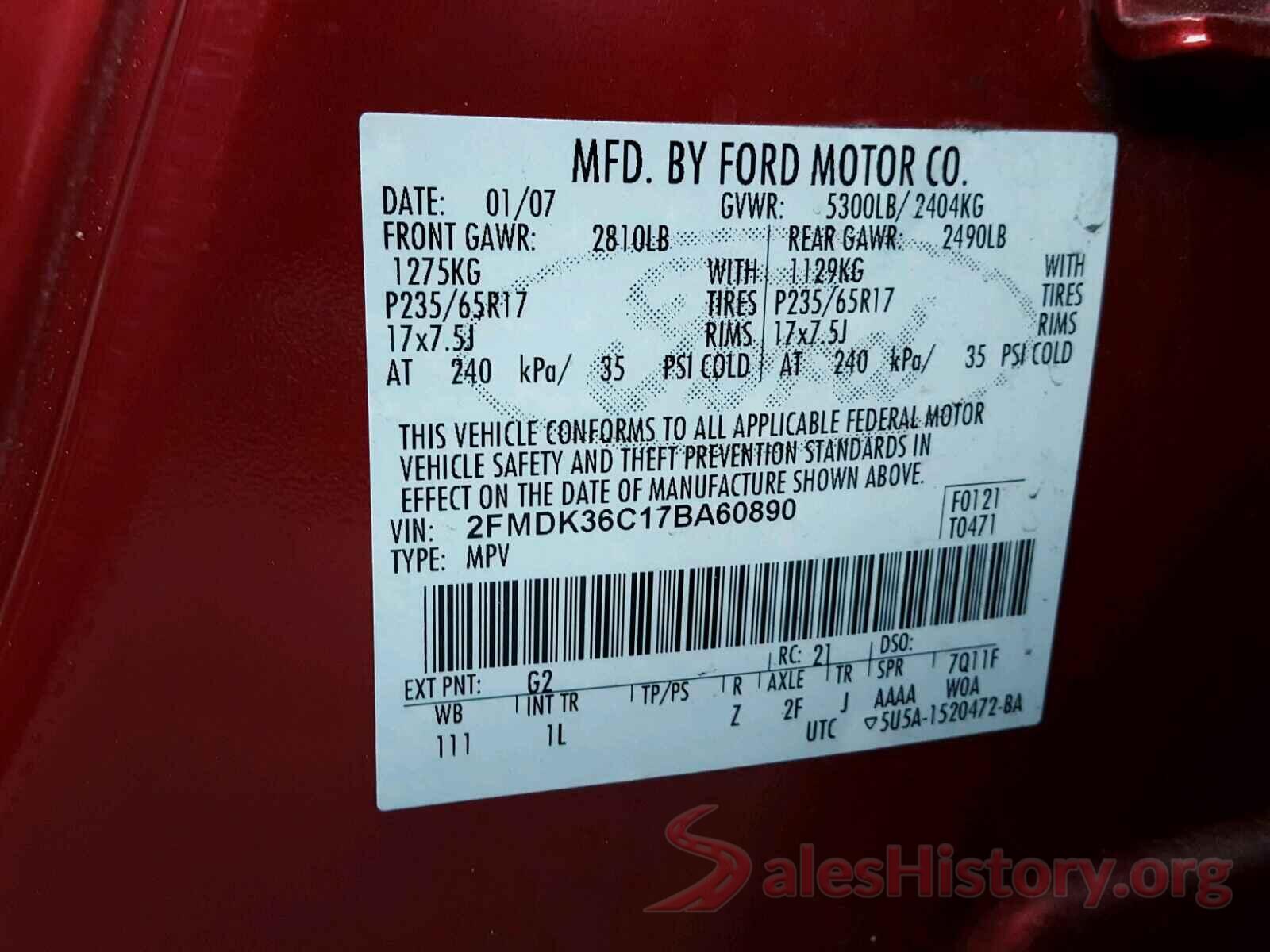 2T3DFREV1HW665117 2007 FORD EDGE