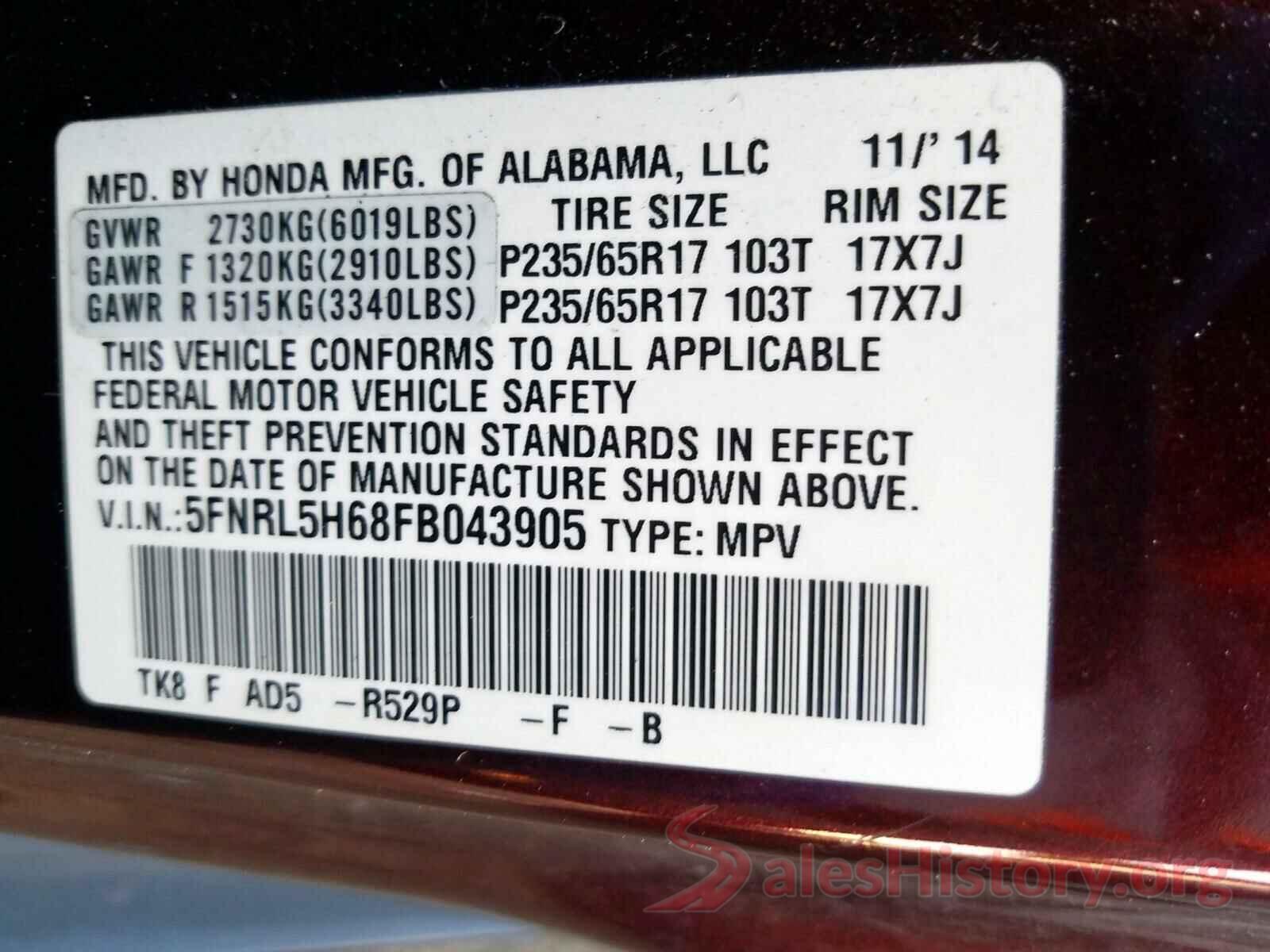 3N1CB7AP6HY268714 2015 HONDA ODYSSEY