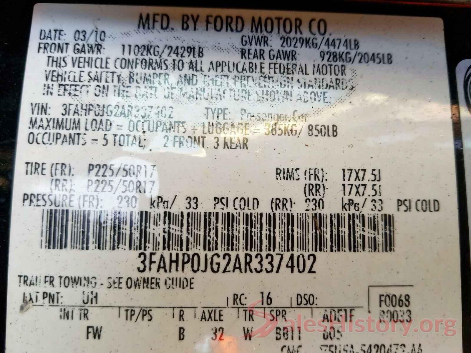 KMHD84LF6HU228649 2010 FORD FUSION SEL