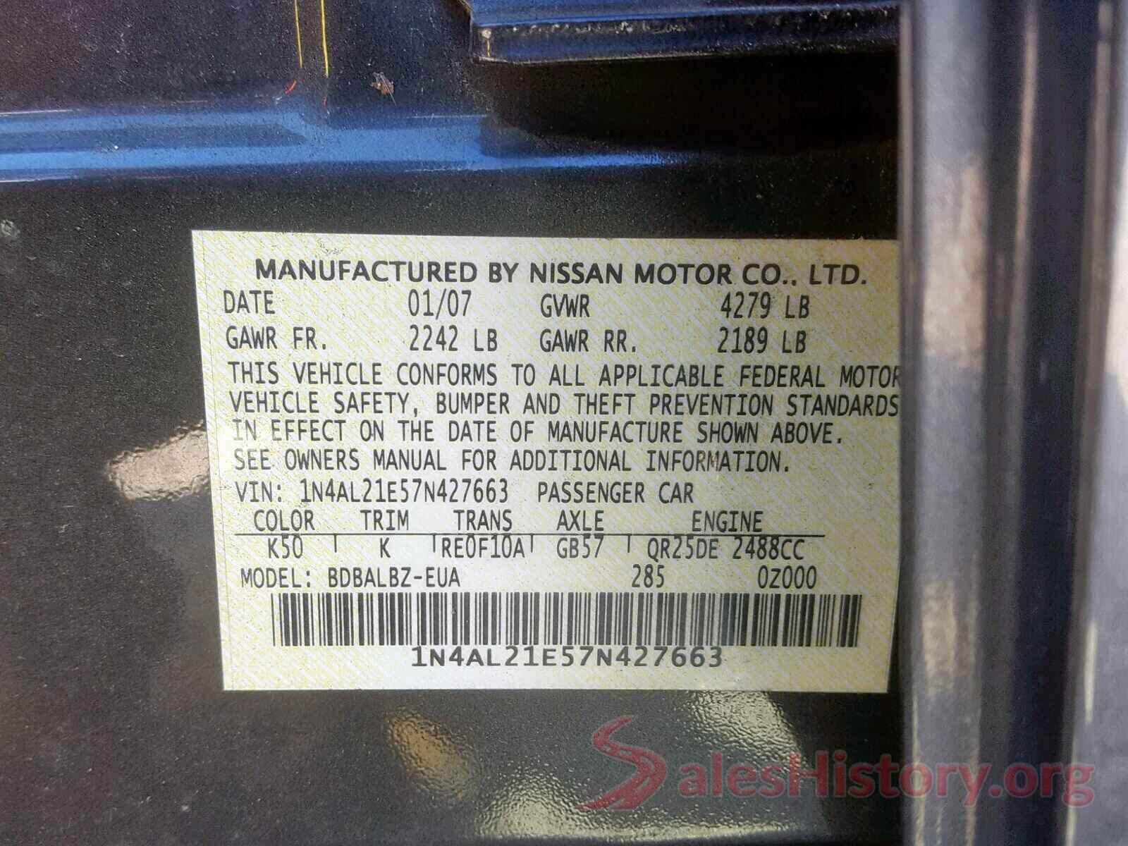 1N4AL21E57N427663 2007 NISSAN ALTIMA