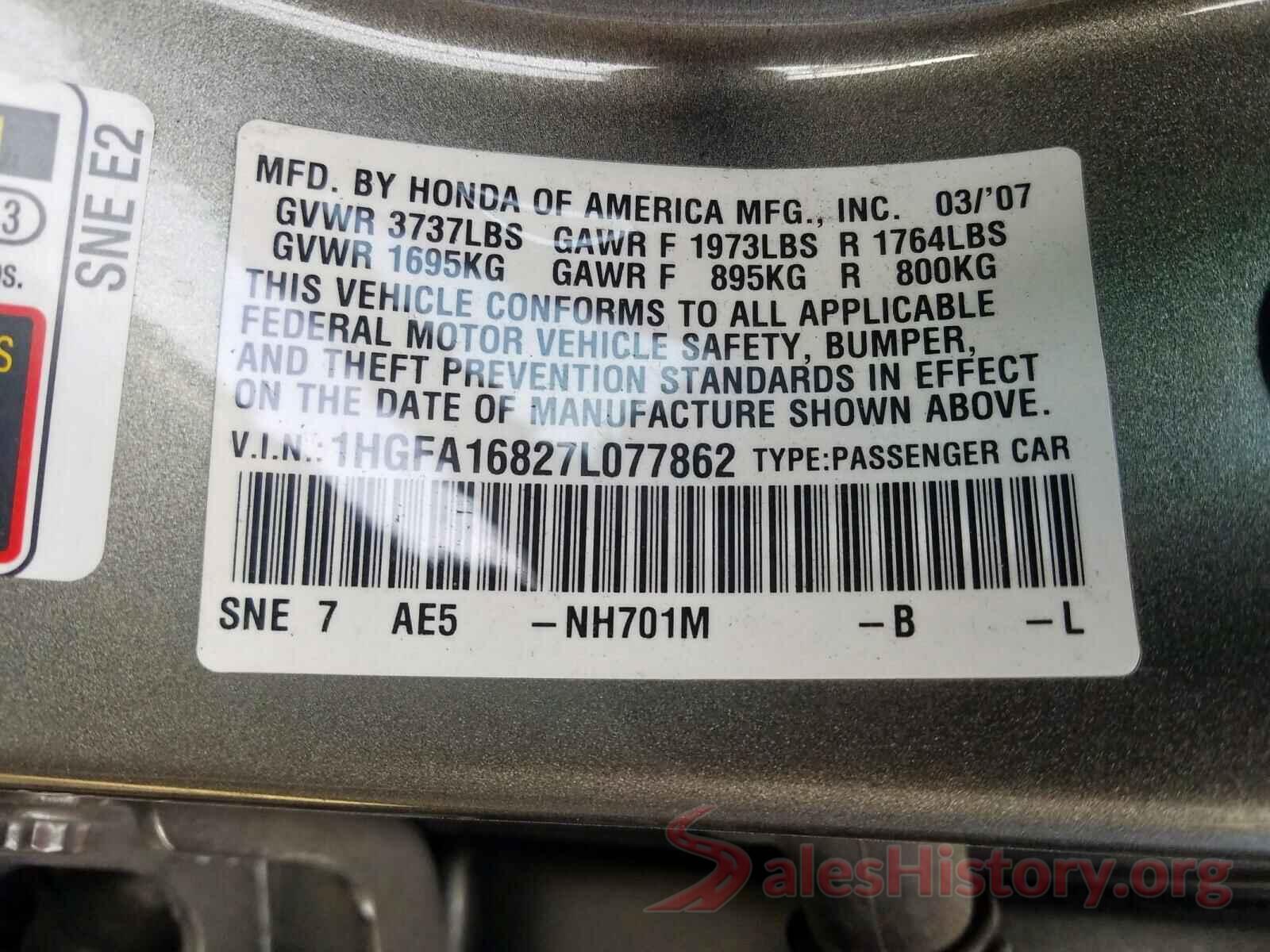 5XYZUDLB4HG384807 2007 HONDA CIVIC