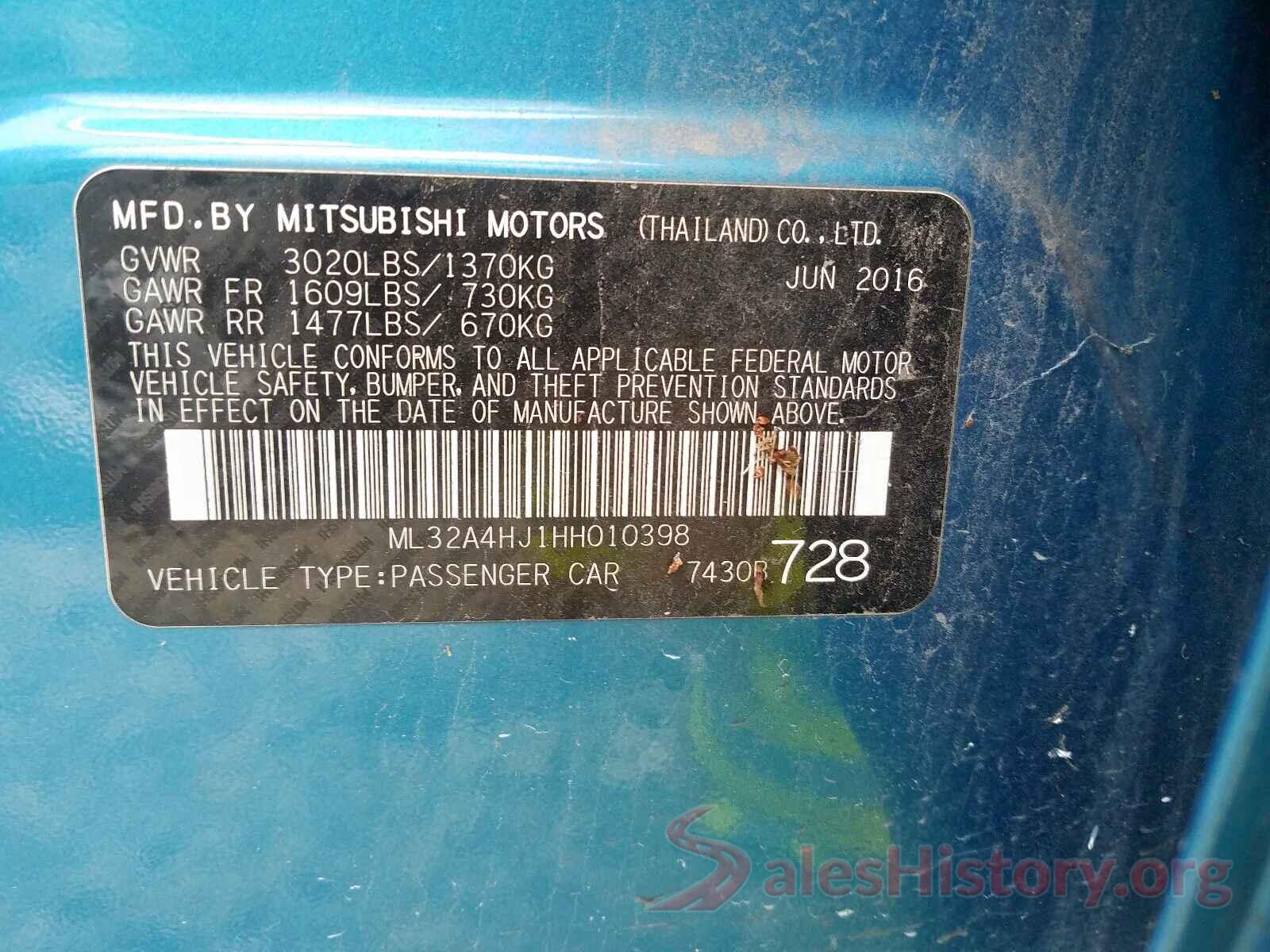 JTMG1RFV1KD505883 2017 MITSUBISHI MIRAGE