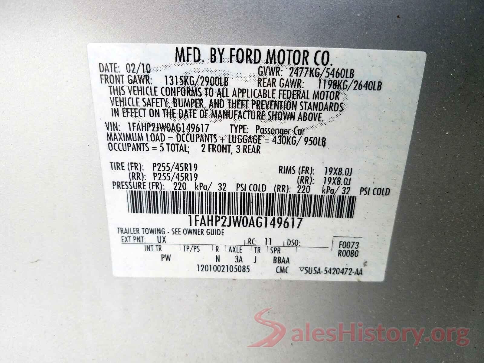 SHHFK7H26JU428238 2010 FORD TAURUS