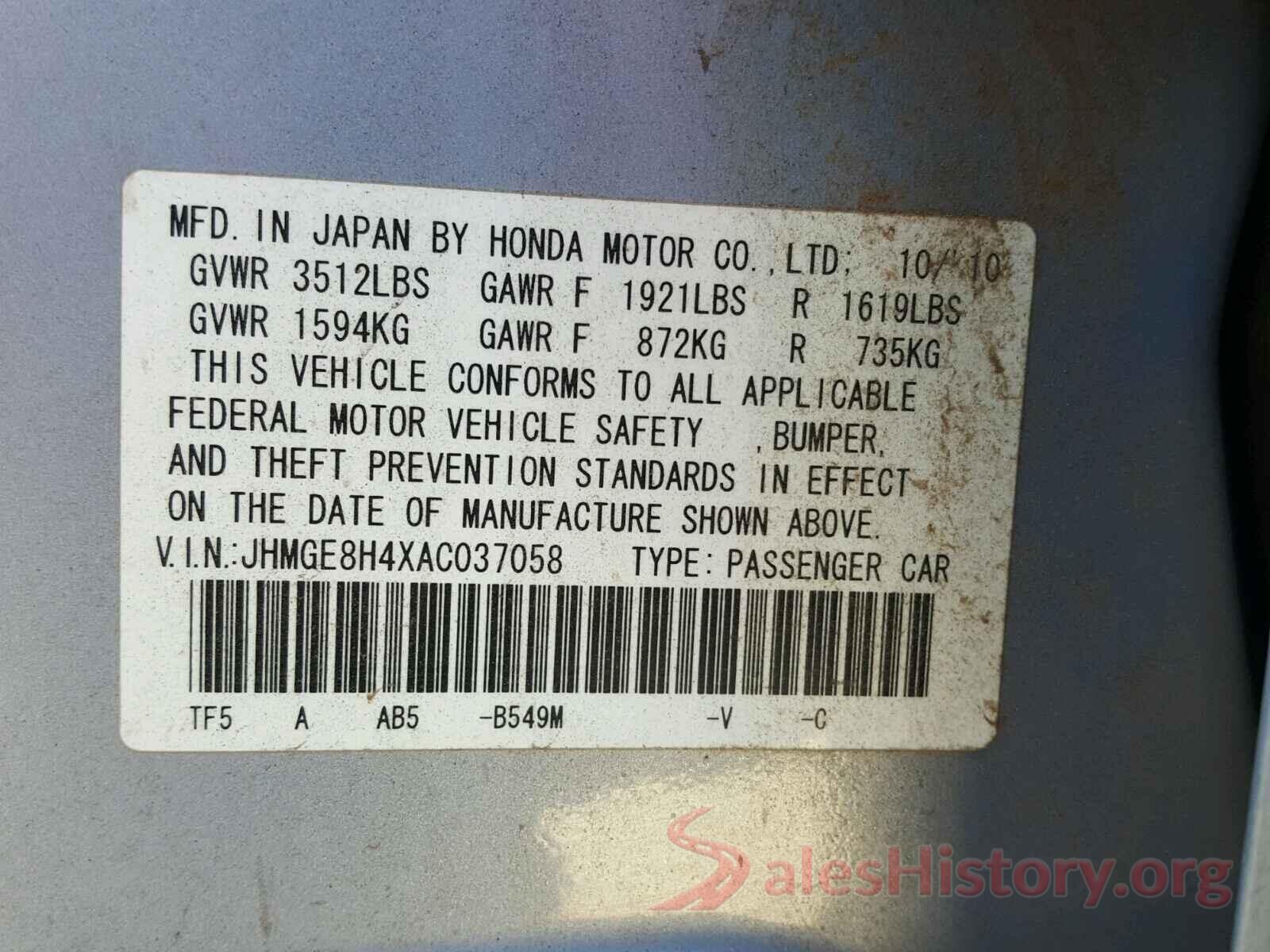 3N1CE2CP6GL363065 2010 HONDA FIT