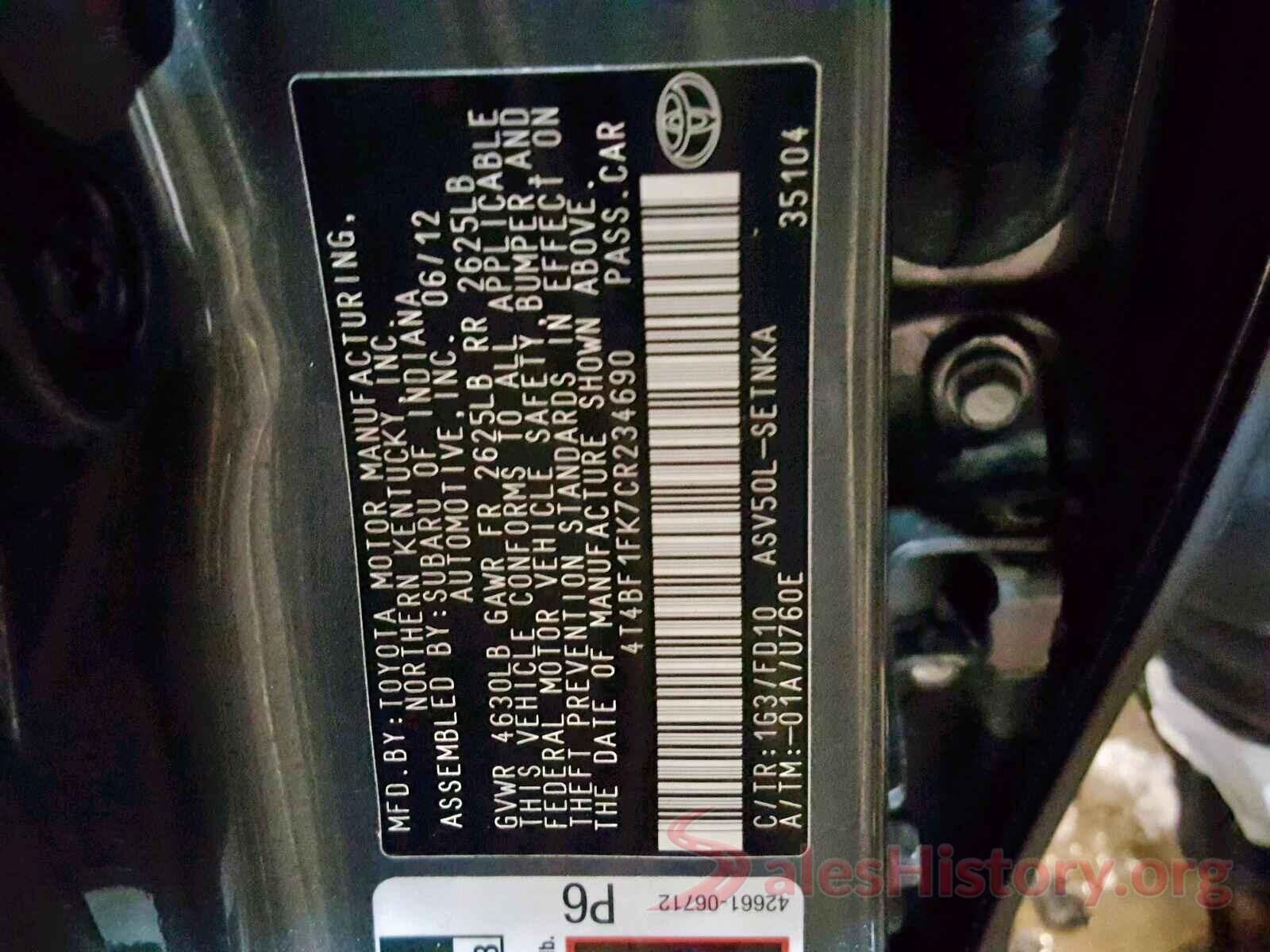 4T4BF1FK7CR234690 2012 TOYOTA CAMRY BASE