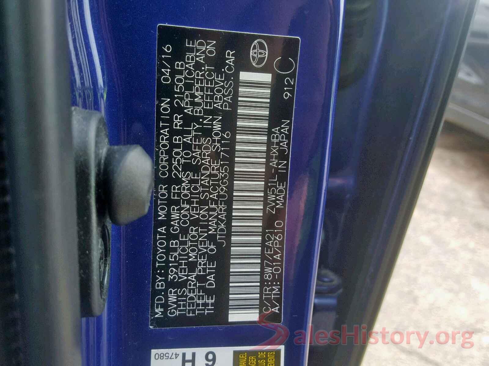 JTDKARFU9G3517116 2016 TOYOTA PRIUS