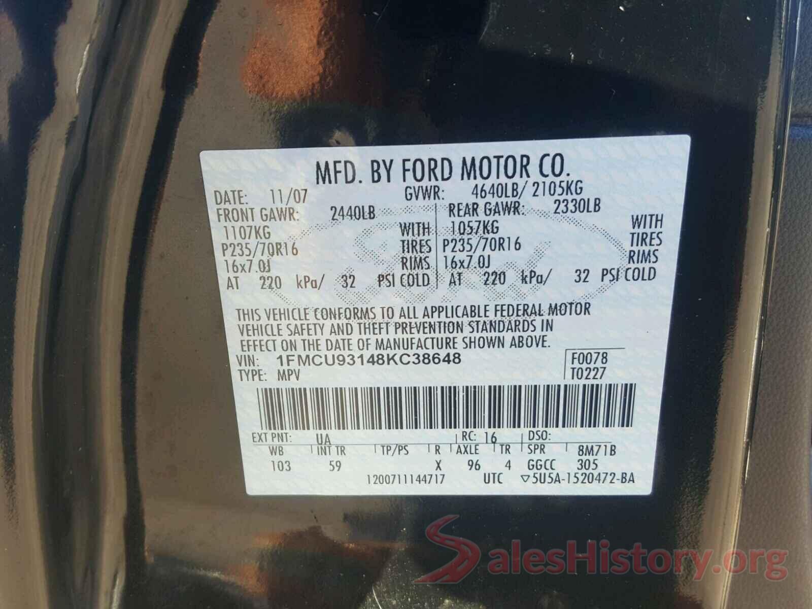 1HGCR2F67HA199582 2008 FORD ESCAPE