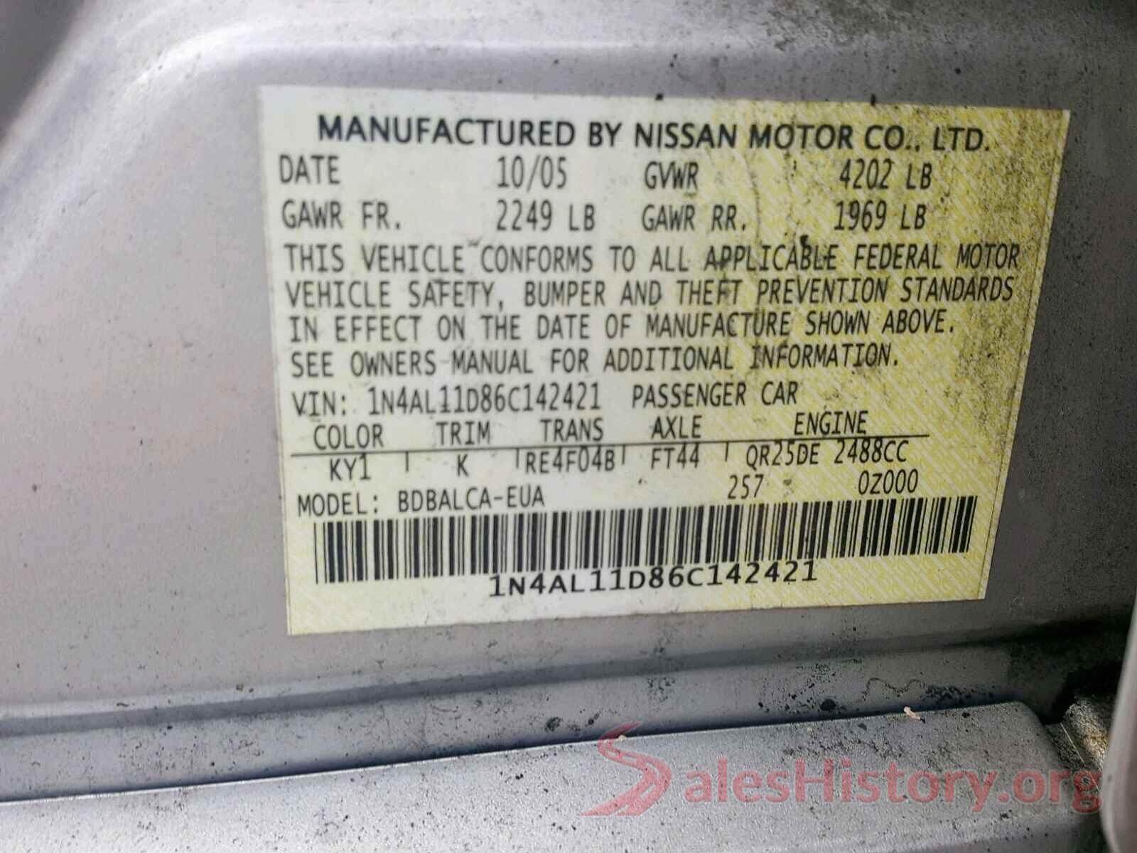 2T3W1RFV9MW107483 2006 NISSAN ALTIMA S