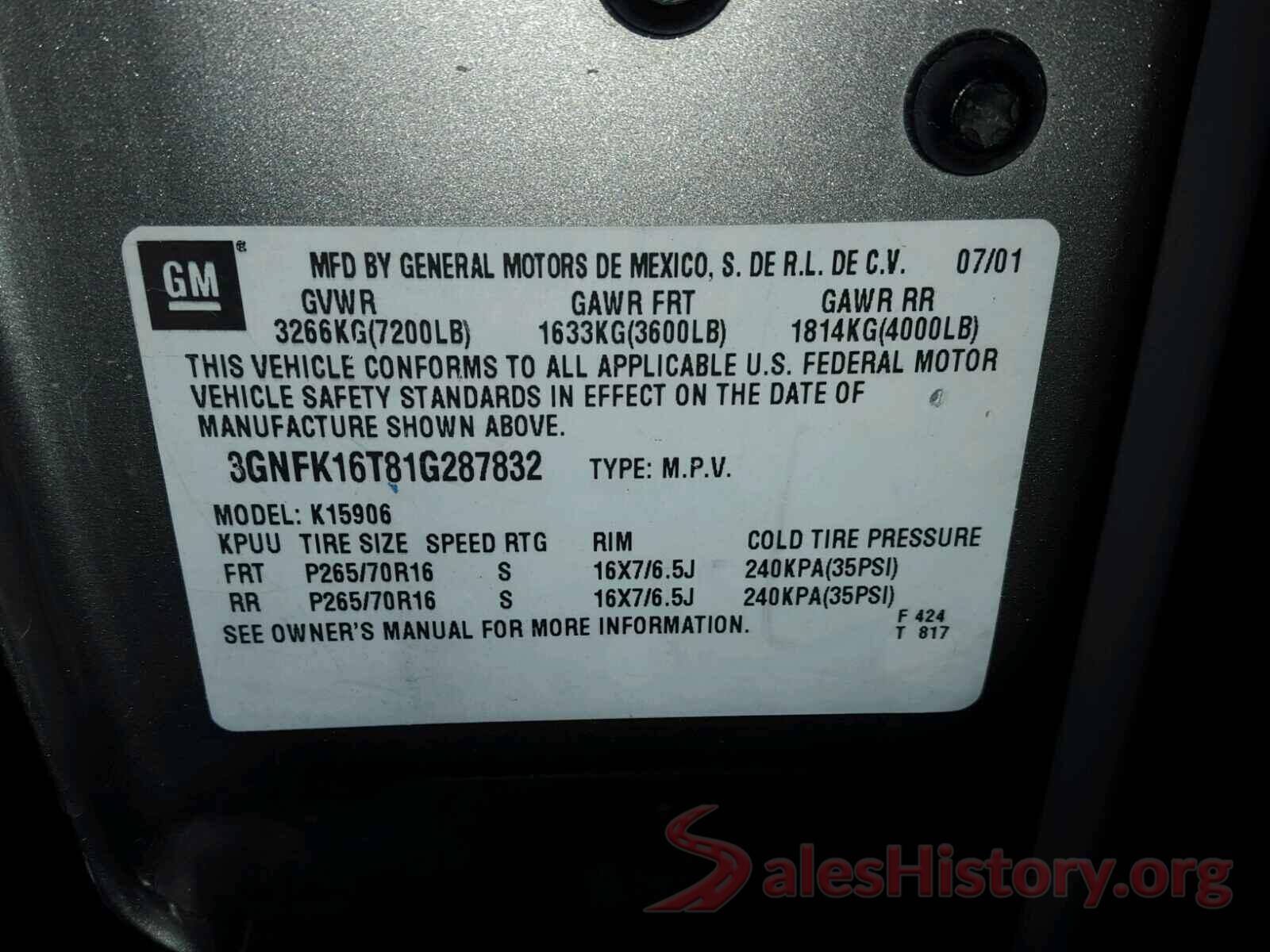 3N1AB7AP3GY337753 2001 CHEVROLET SUBURBAN